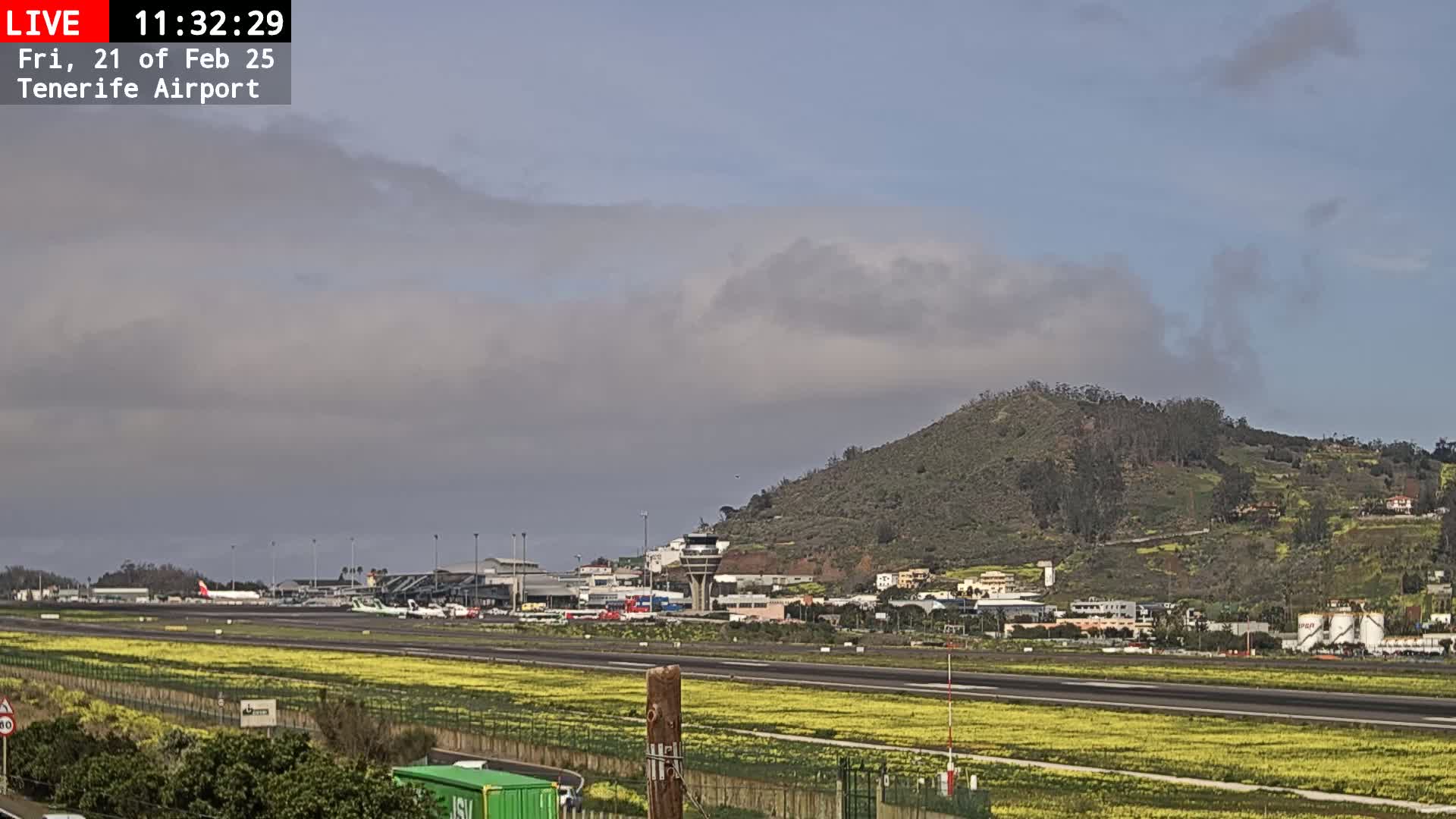 A mostly cloudy sky overlooks an airport runway with several planes visible, bordered by a field of yellow flowers and a hill in the background.