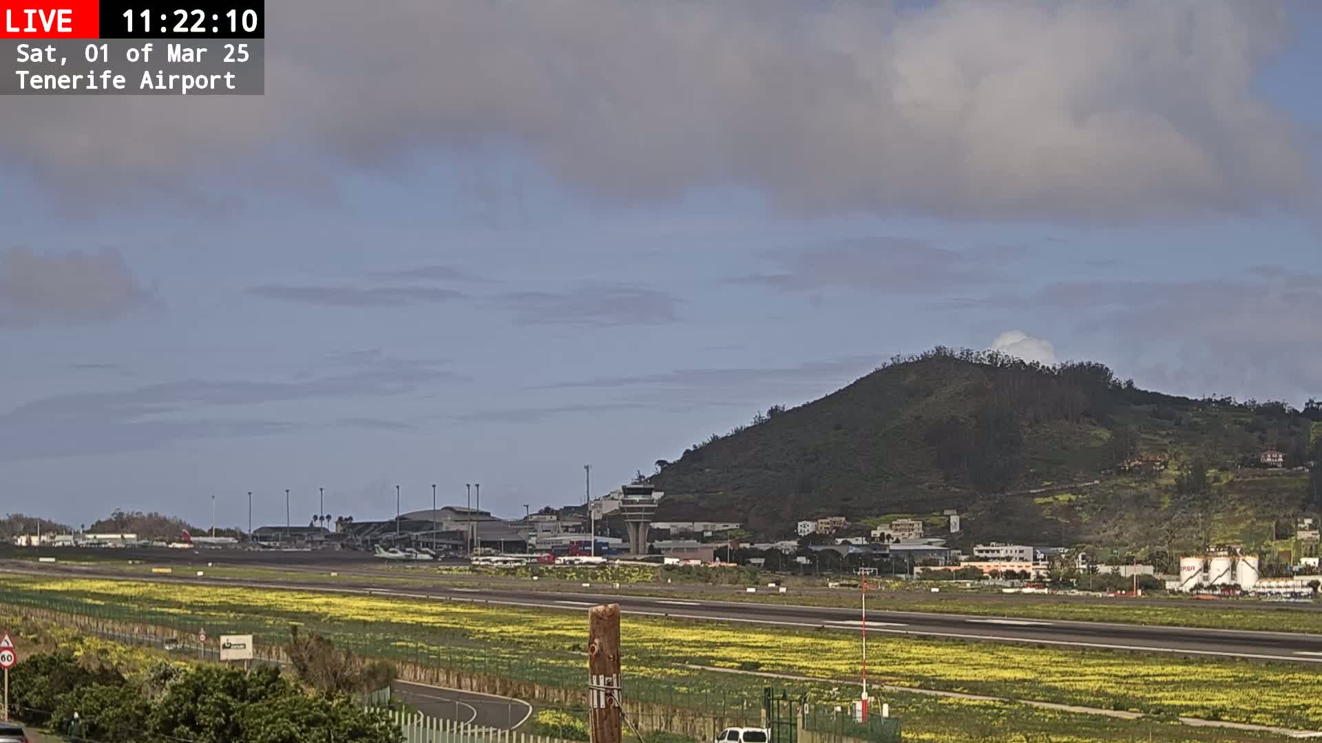 An airport runway with yellow wildflowers in the foreground is situated below a partly cloudy sky and a green hill in the background.