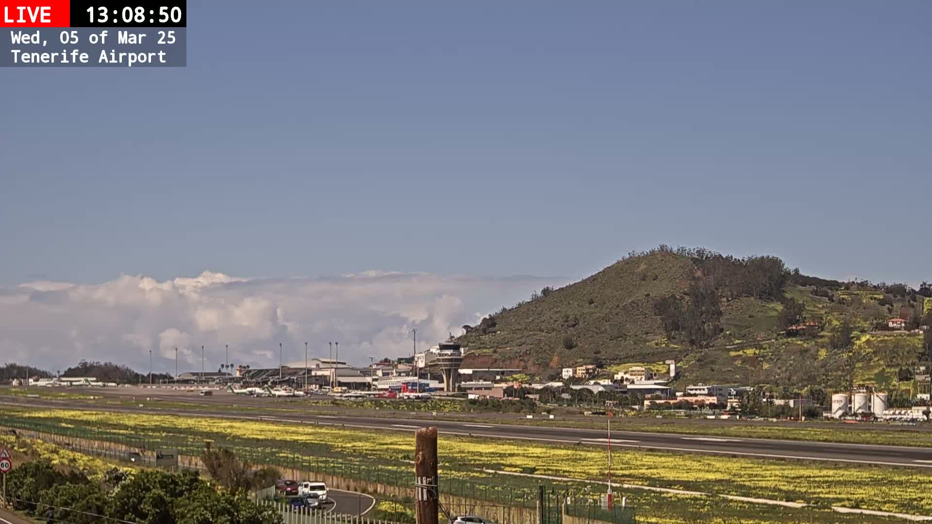 A sunny day reveals an airport runway bordered by yellow wildflowers, with a control tower and hillside visible in the background.