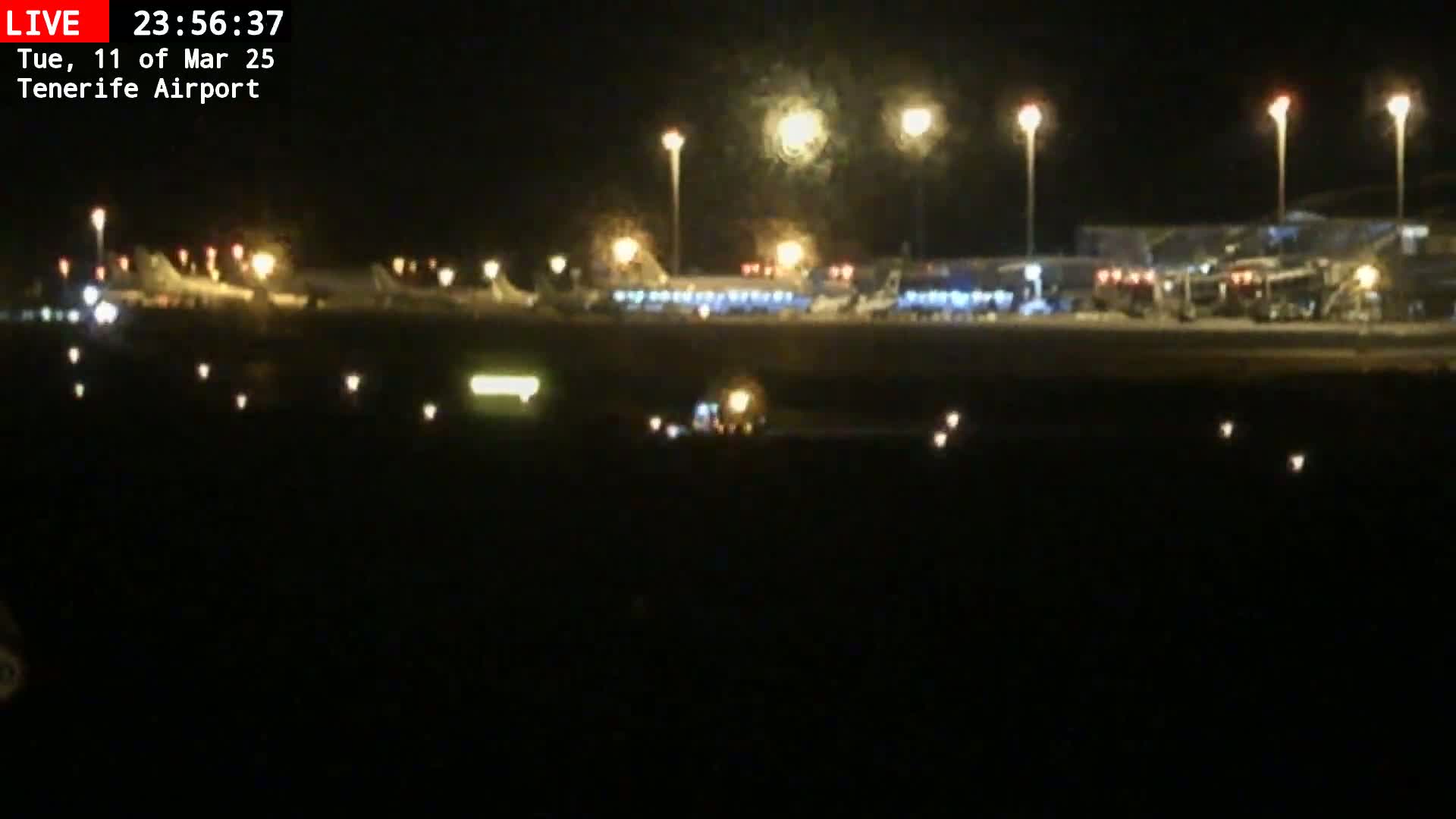 A nighttime view of an airport tarmac showing several planes and ground vehicles illuminated by bright lights.