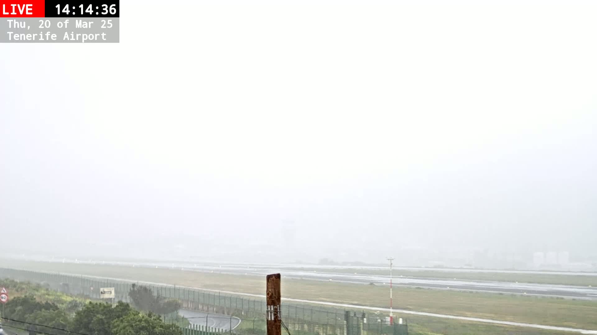A rain-soaked airport runway is visible through a thick fog.