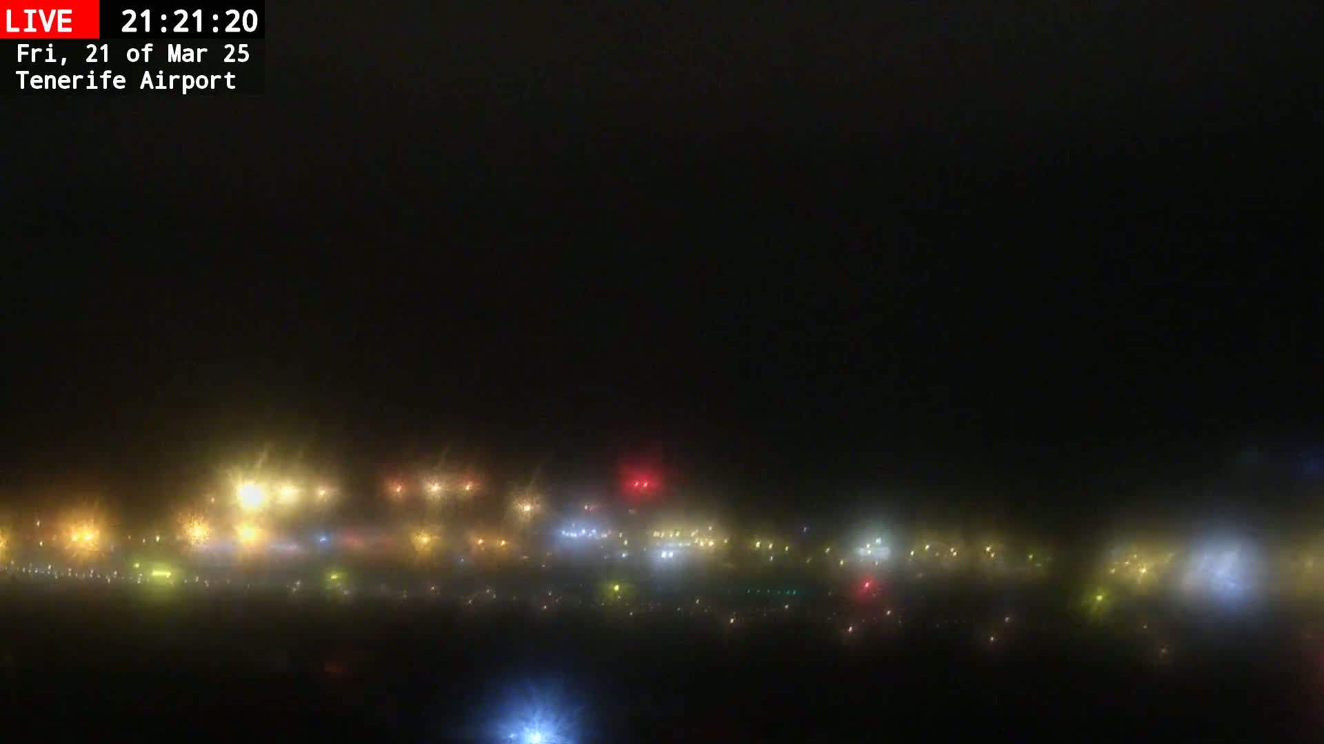 A hazy, foggy night scene shows a blurry collection of lights on the ground.