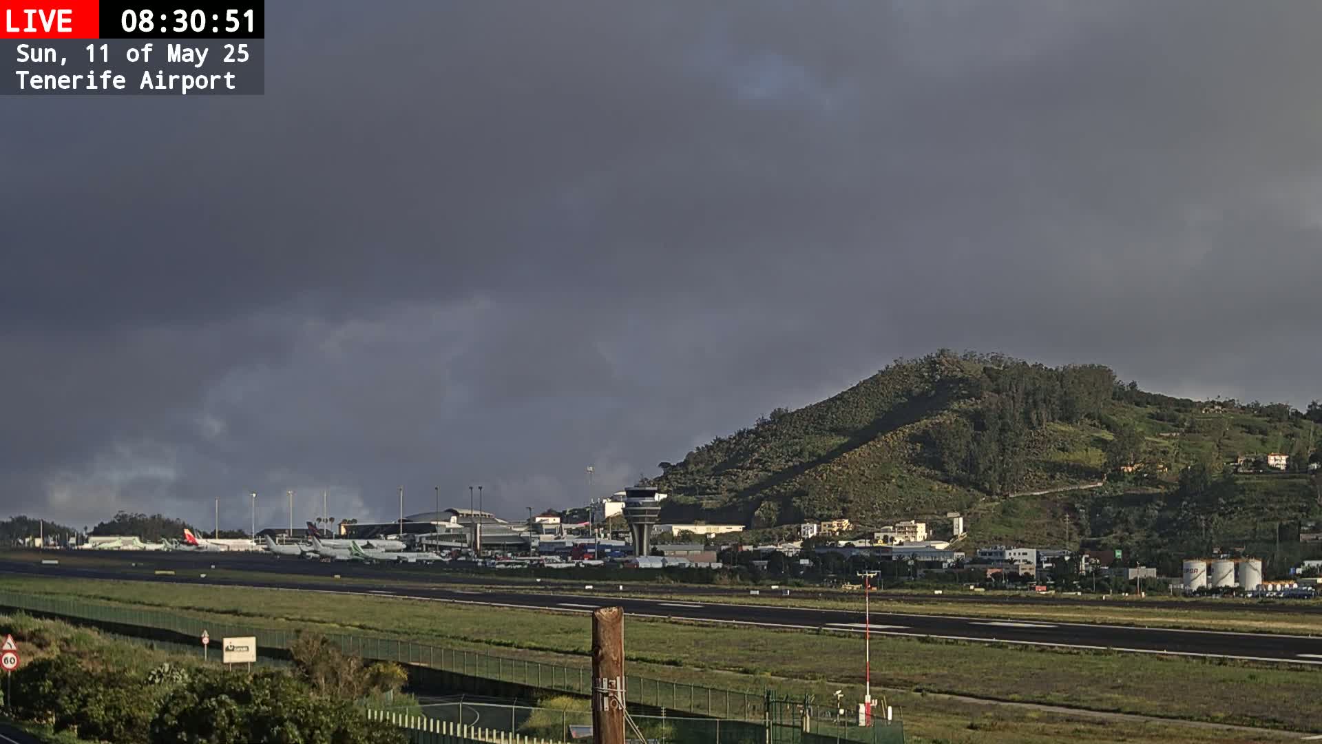 An airport runway with several airplanes parked and a green hill in the background under an overcast sky.