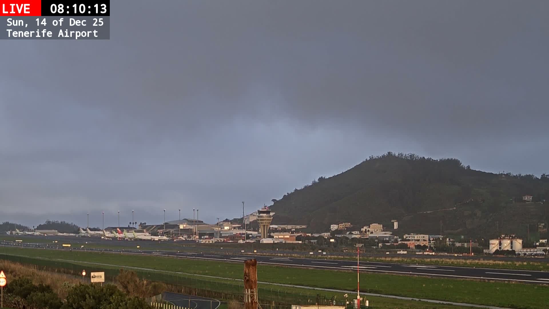 An airport runway and tarmac, featuring multiple airplanes, terminal buildings, and a control tower, are set against a backdrop of a large, tree-covered mountain under a uniformly overcast sky.