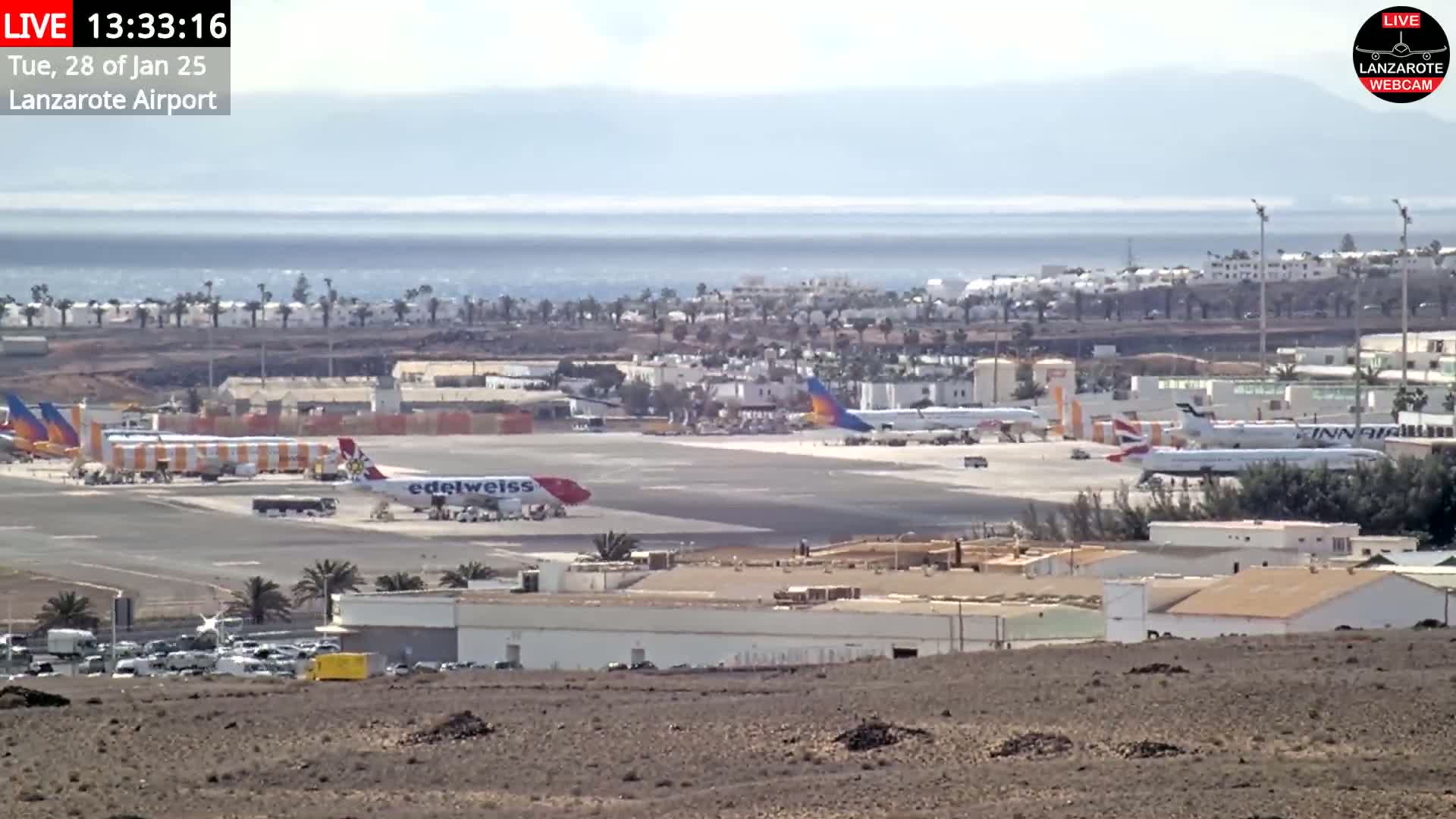 A long shot of an airport tarmac with several airplanes, some baggage carts, and airport buildings, overlooking a town and the ocean under a mostly clear sky.