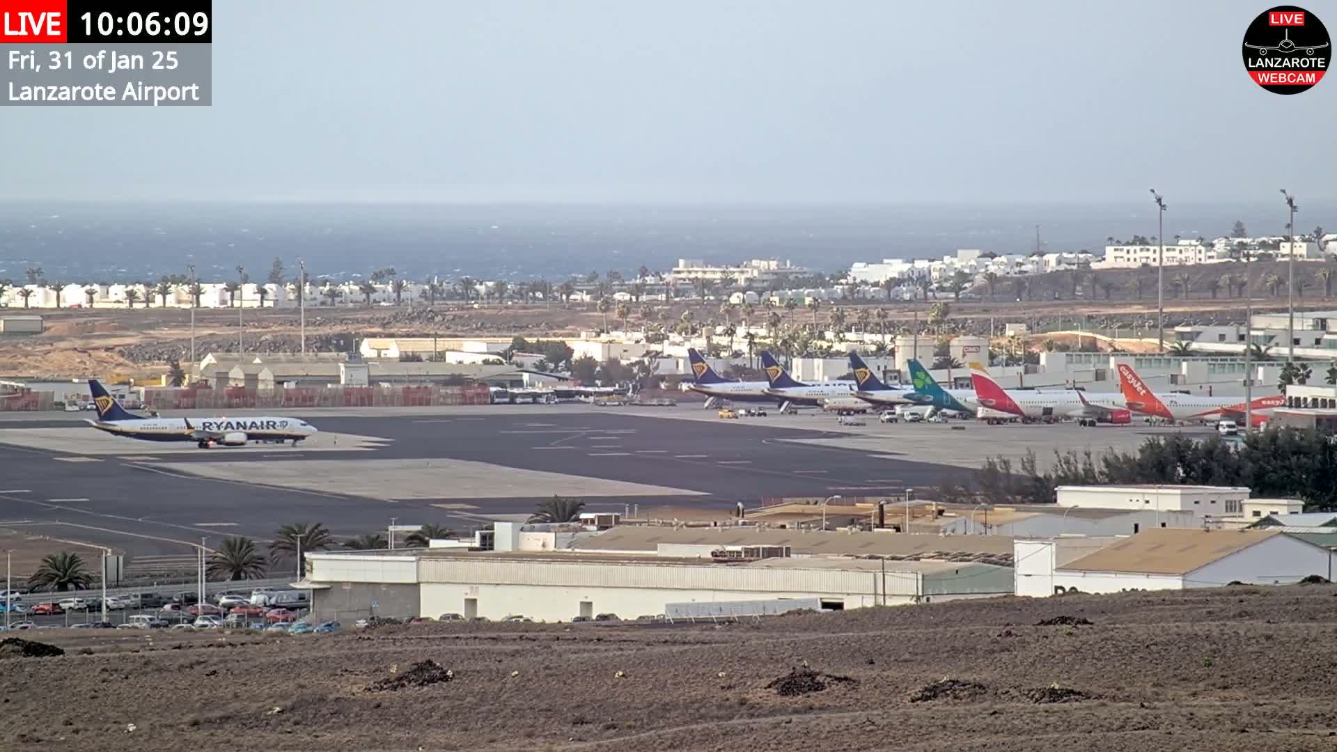 Several airplanes are parked on a tarmac at an airport near a calm ocean under a hazy sky.