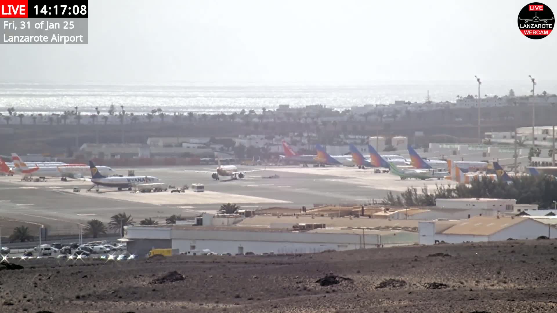 A hazy, sunny day at an airport shows numerous airplanes parked on the tarmac, with a body of water visible in the distance.
