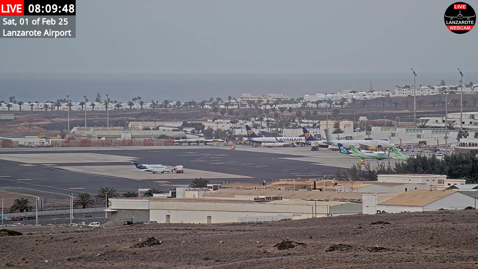 Several airplanes are parked on an airport tarmac under an overcast sky, with a view of the ocean and buildings in the distance.