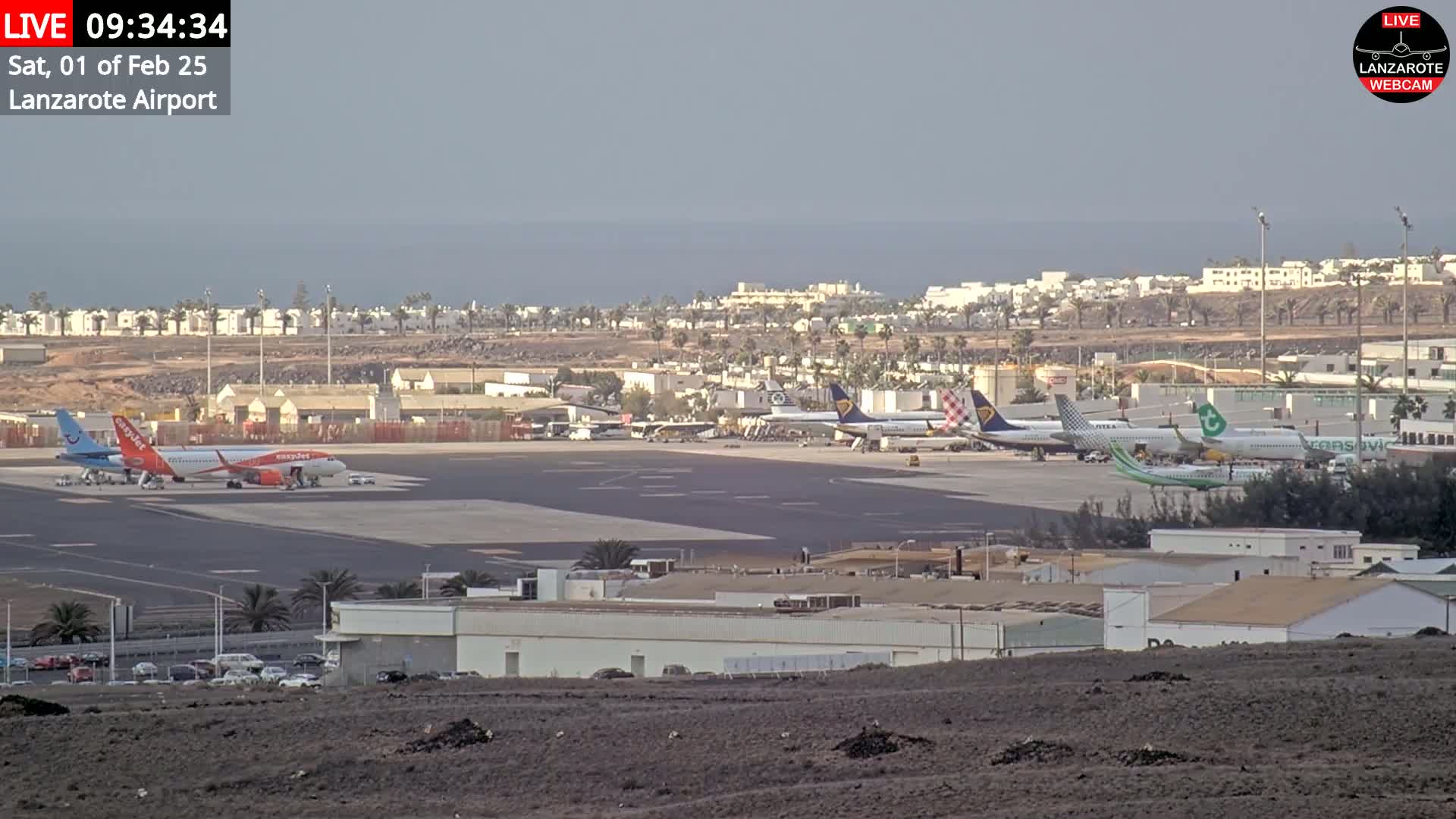 A distant view of an airport tarmac with several airplanes parked, under a hazy sky, overlooking a coastline.