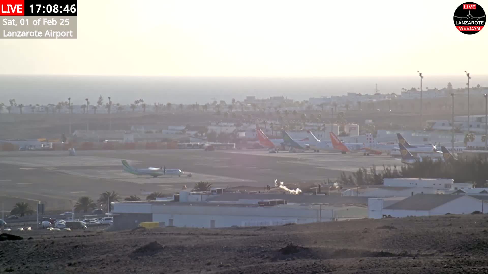 A hazy view of an airport tarmac with several airplanes parked, a nearby ocean, and buildings in the background under a bright, hazy sky.