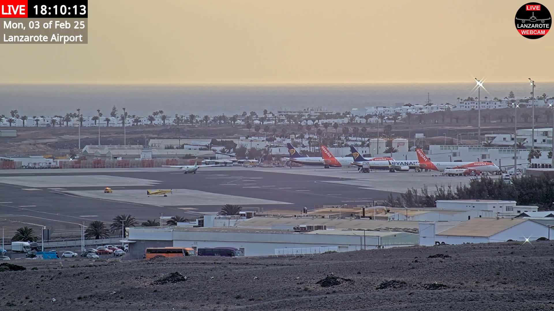 Several airplanes are parked on a tarmac at an airport near a calm ocean under a pale orange sky.