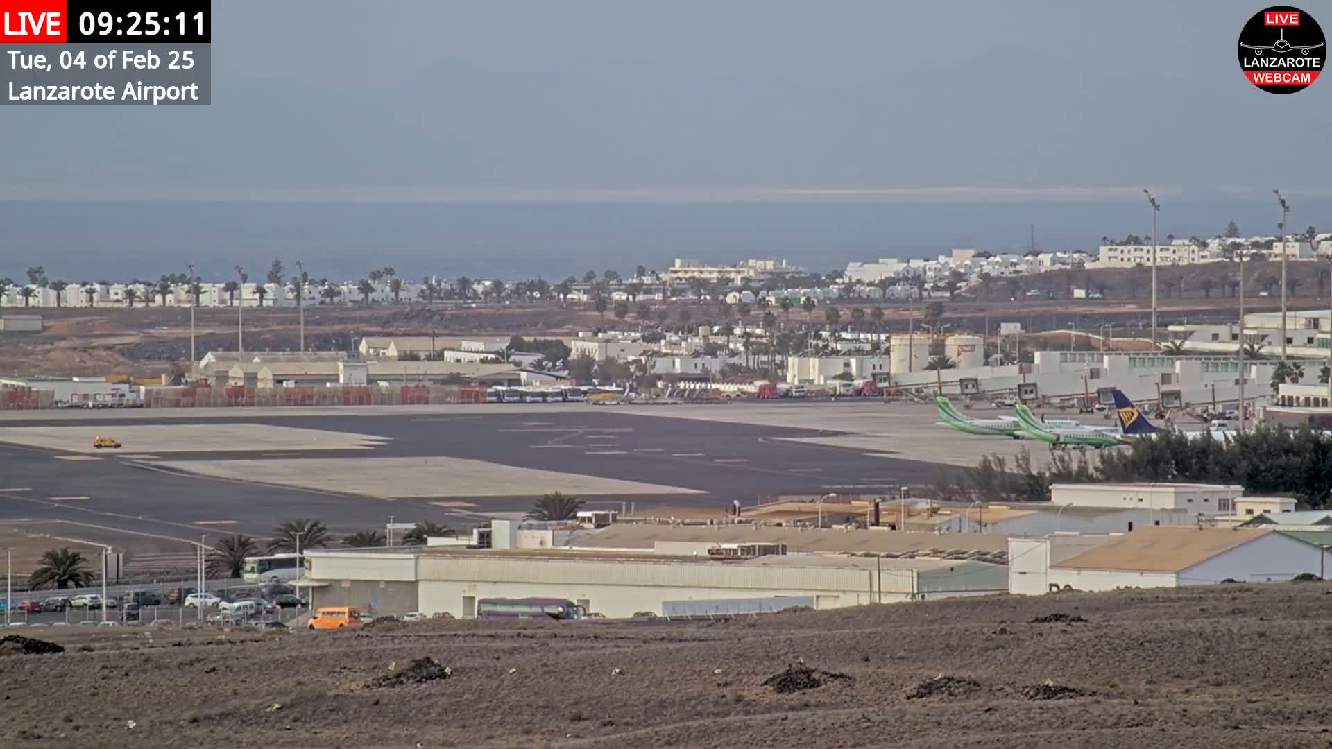 An airport tarmac with several airplanes, surrounded by buildings and a calm ocean in the background under a hazy sky.