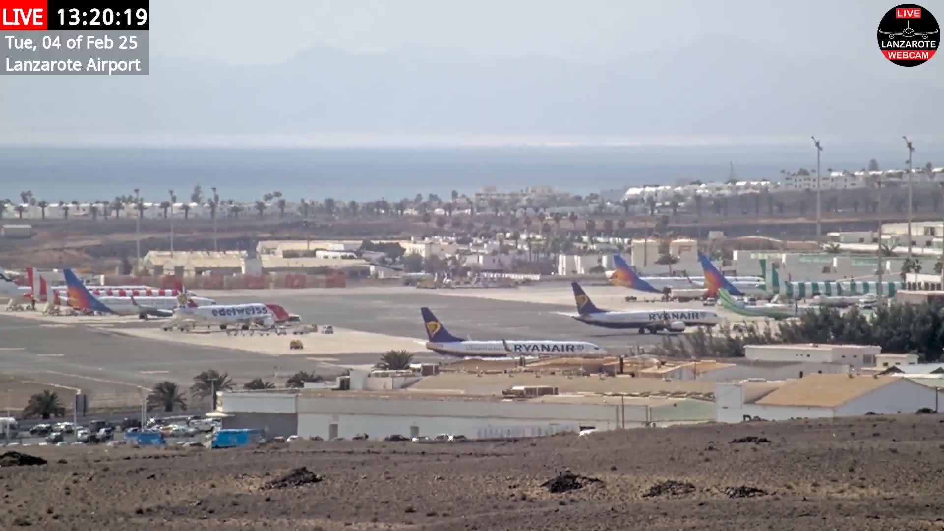 Several airplanes are parked on an airport tarmac near a coastline on a hazy day.