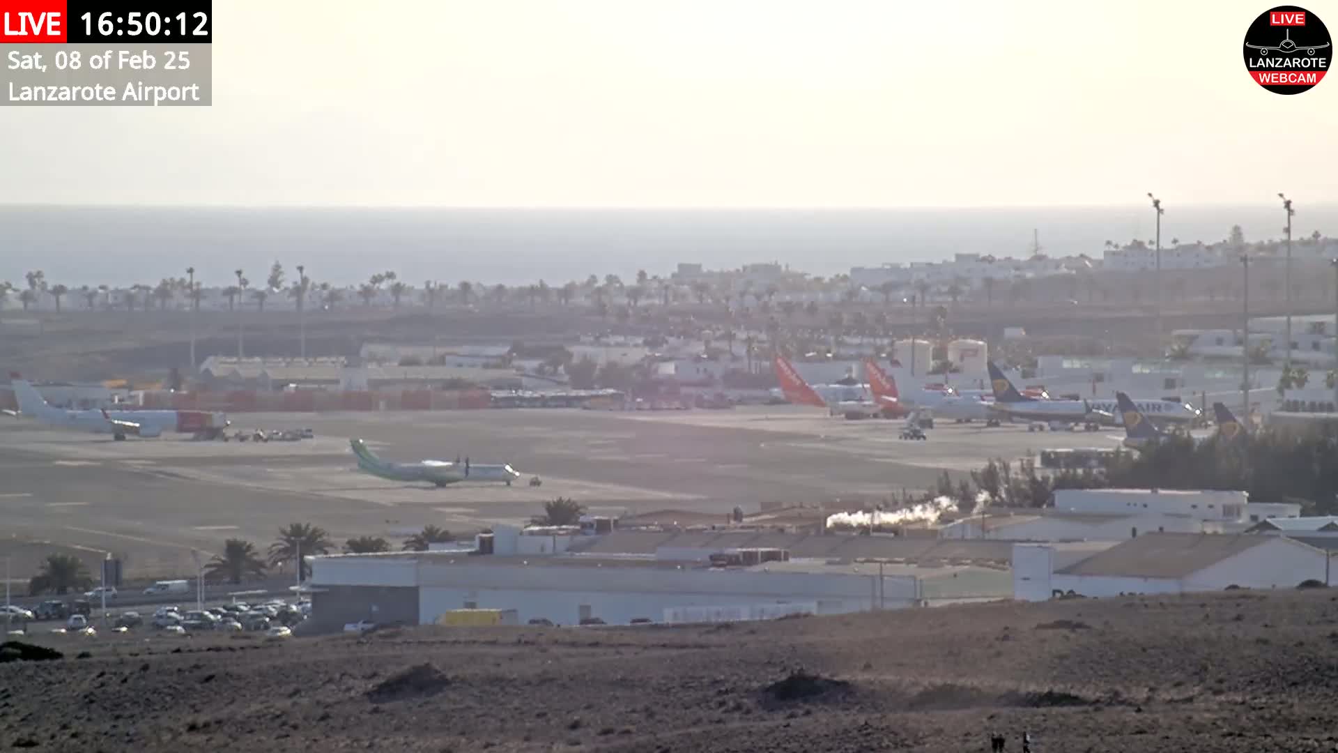 A hazy view of an airport with several airplanes on the tarmac, a body of water in the distance, and low-lying vegetation in the foreground.