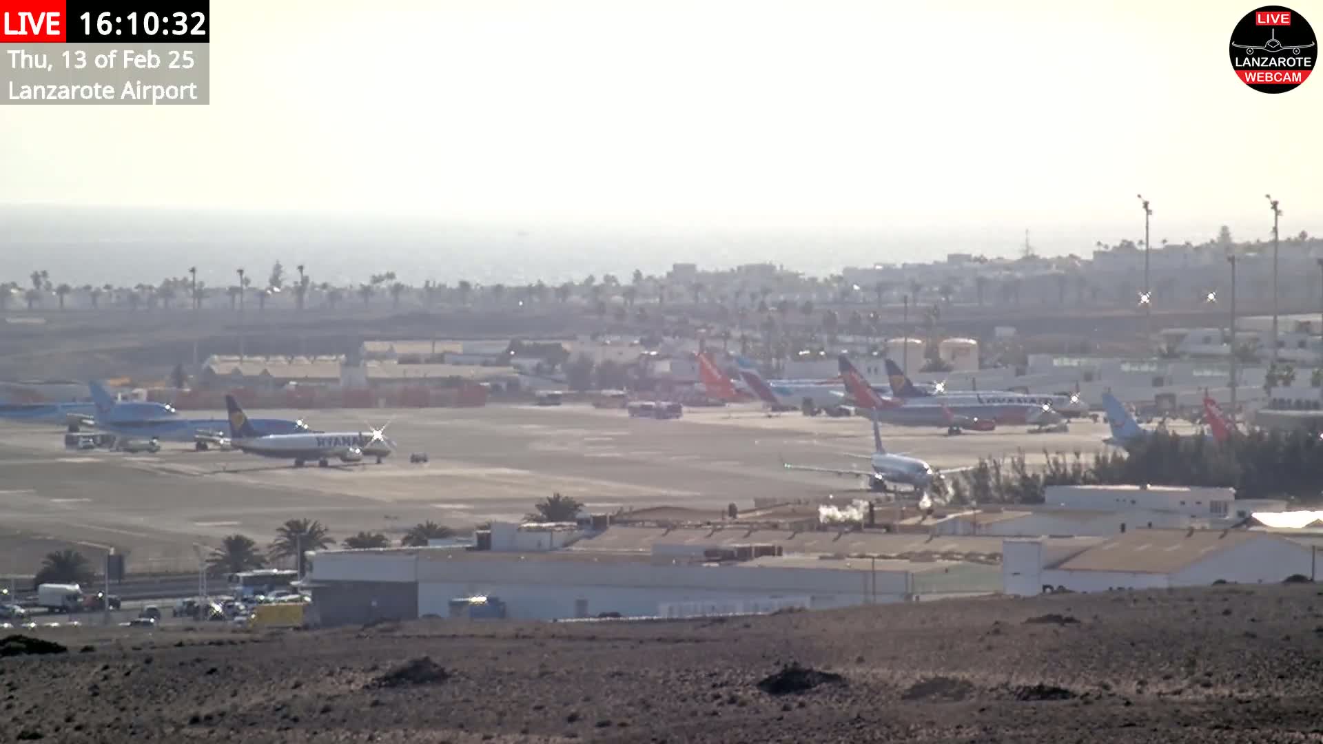 A hazy, sunny day at an airport shows several airplanes parked on the tarmac and others taxiing, with buildings and palm trees in the background.