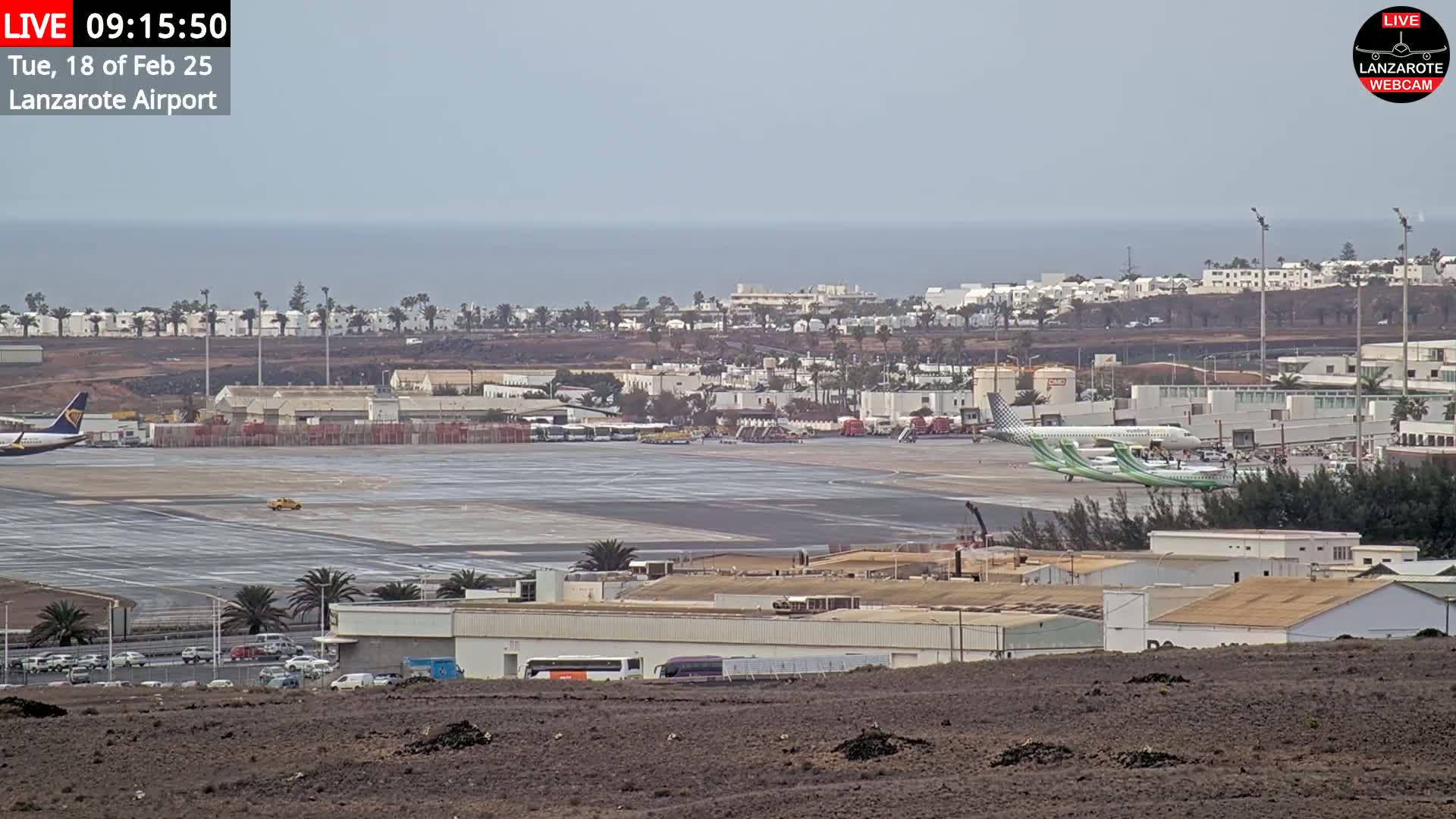 An airport tarmac with several planes, support vehicles, and buildings is visible, with a calm ocean and distant residential area under an overcast sky.