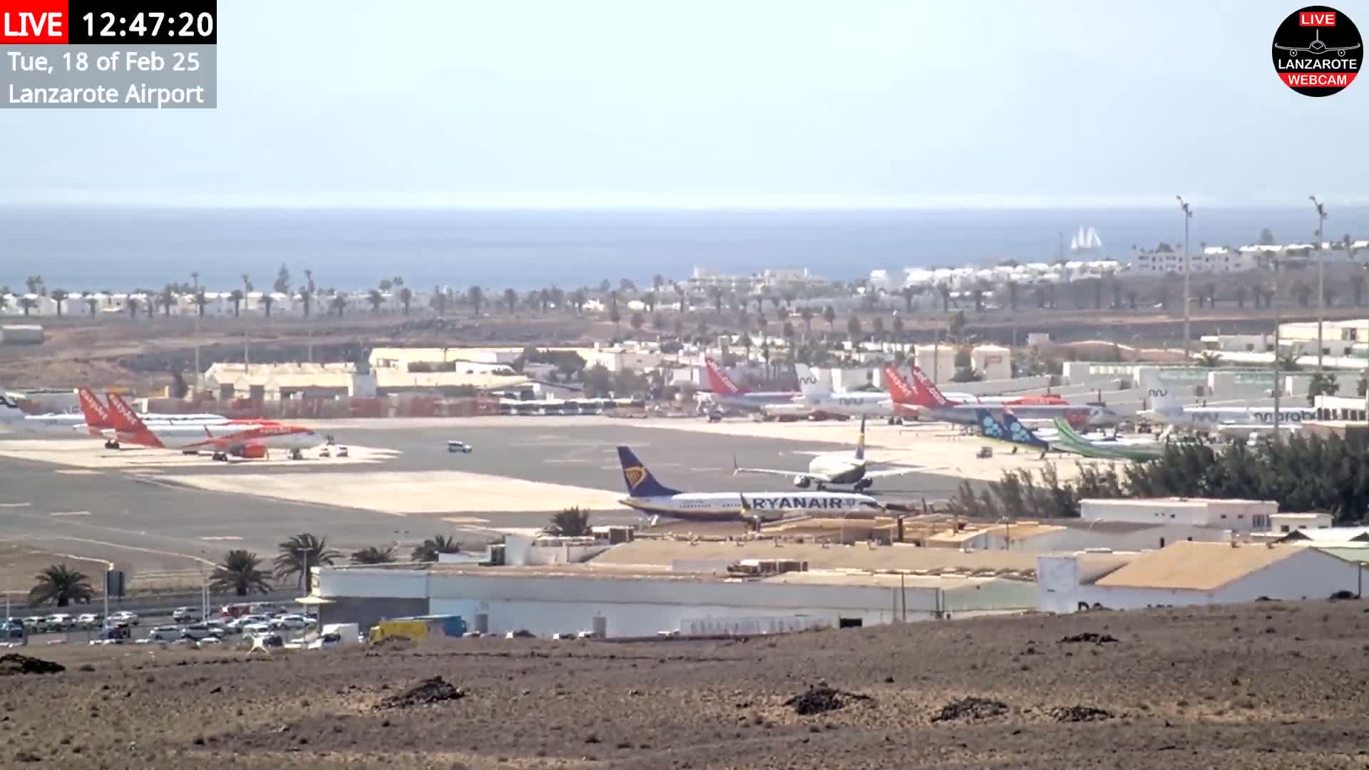 Several airplanes are parked on a tarmac at an airport near a body of water on a hazy day.