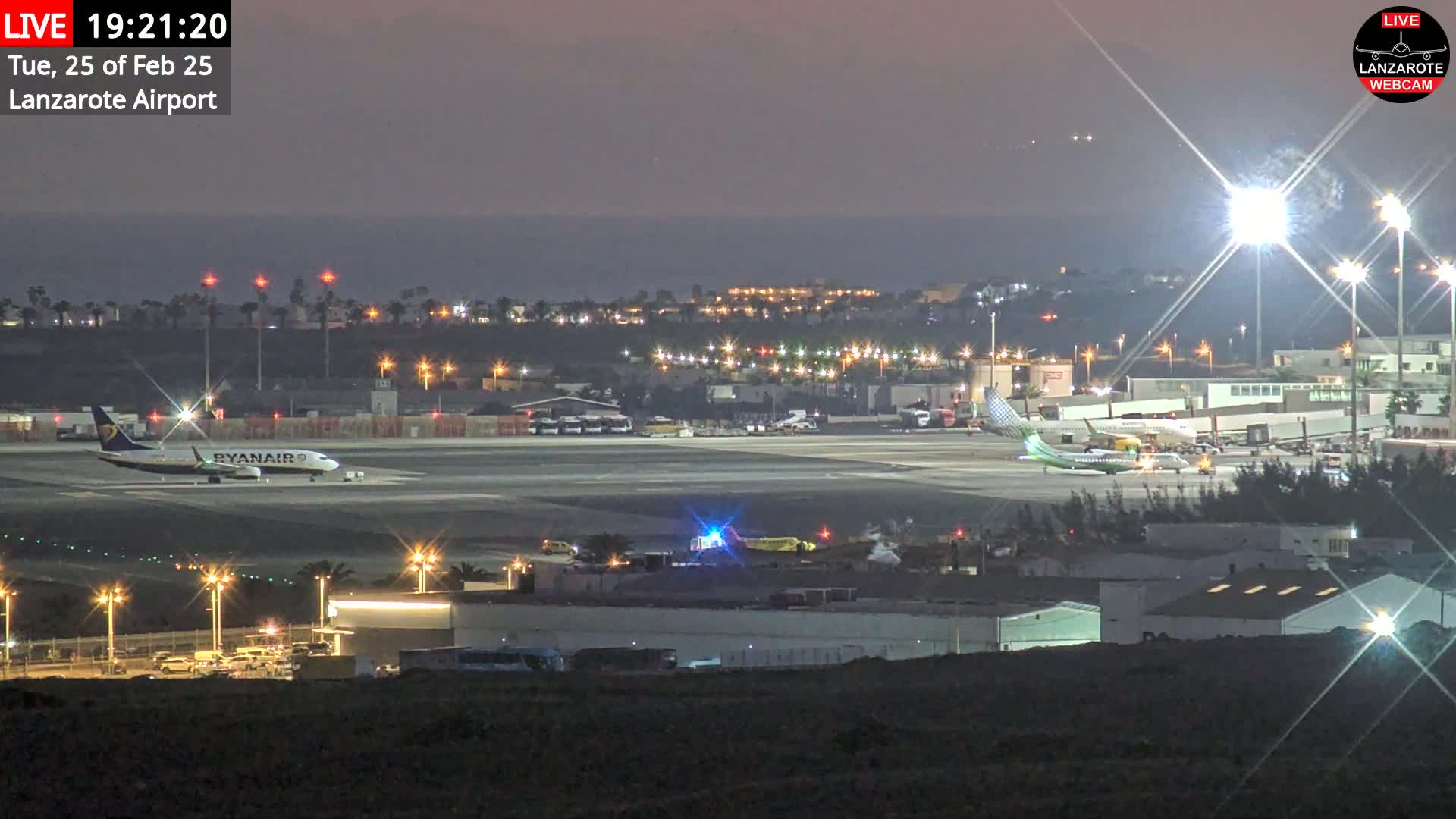 A nighttime view of an airport tarmac with two airplanes, one of which is a Ryanair plane, under a dark, clear sky.