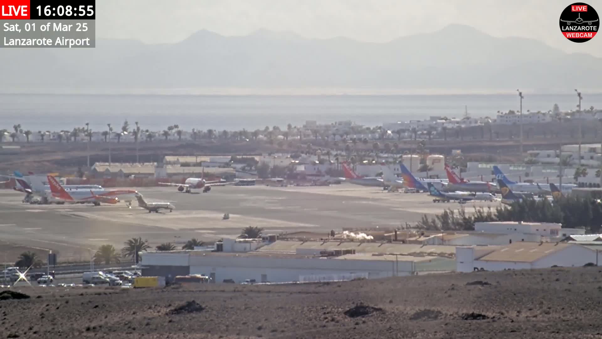 A hazy, sunny day reveals numerous airplanes parked on an airport tarmac, with a coastline and distant mountains visible in the background.