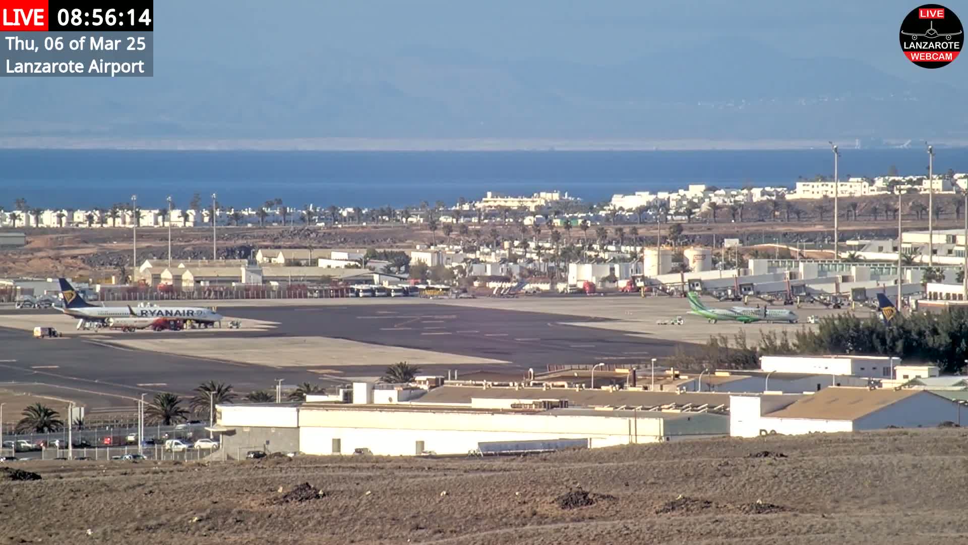 An airport tarmac with several airplanes, airport buildings, and a distant ocean under a clear sky.