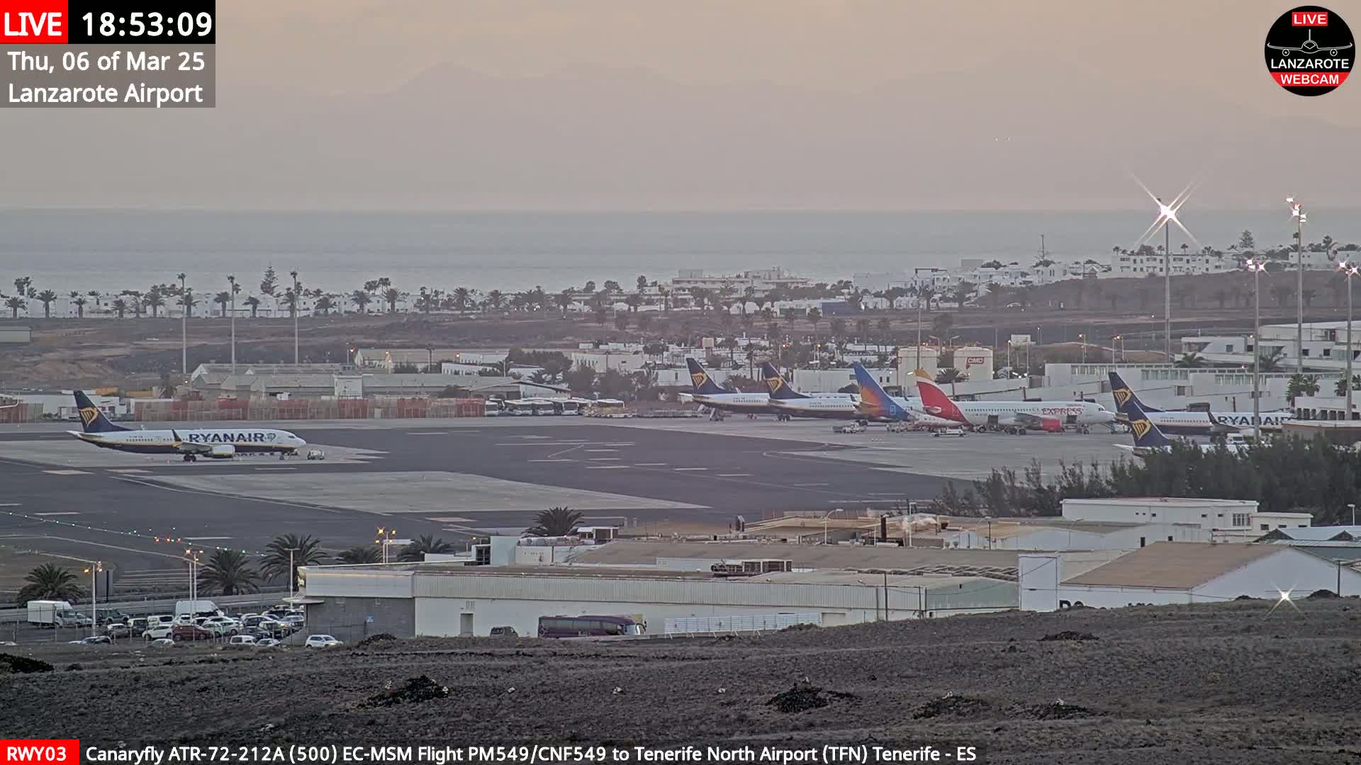 Several airplanes are parked on an airport tarmac near a calm ocean under a dusky sky.