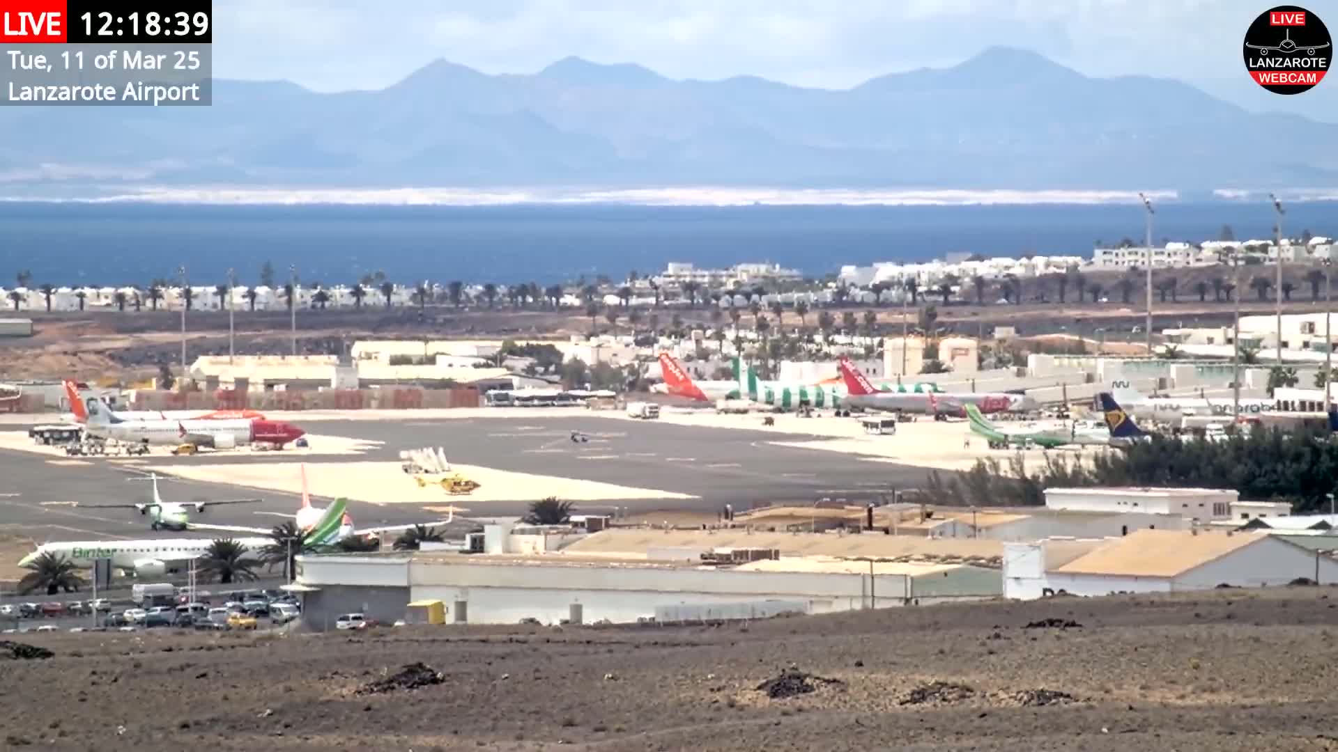 A sunny day at an airport shows several airplanes parked on the tarmac, with a body of water and distant mountains visible in the background.