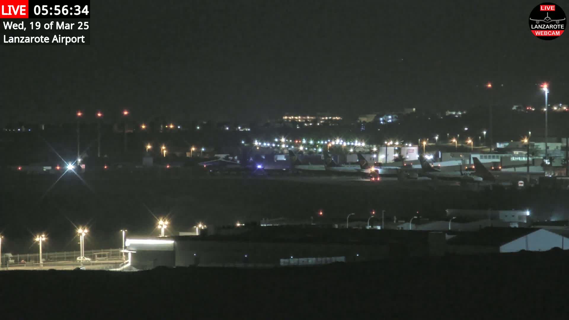 A nighttime long shot of an airport tarmac with several airplanes parked and illuminated by lights under a clear, dark sky.