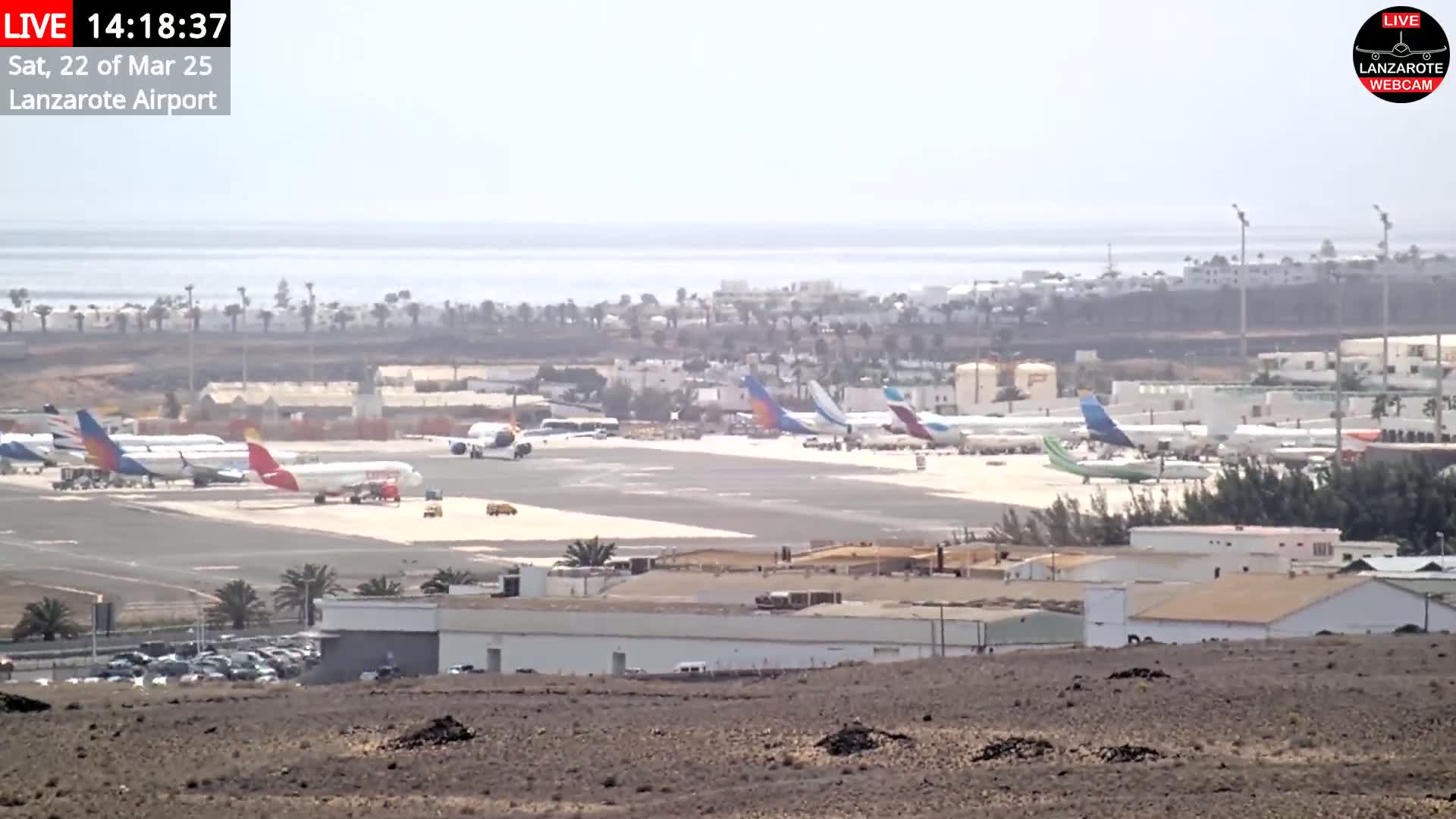 A hazy, sunny day shows numerous airplanes parked on the tarmac of an airport near a body of water.