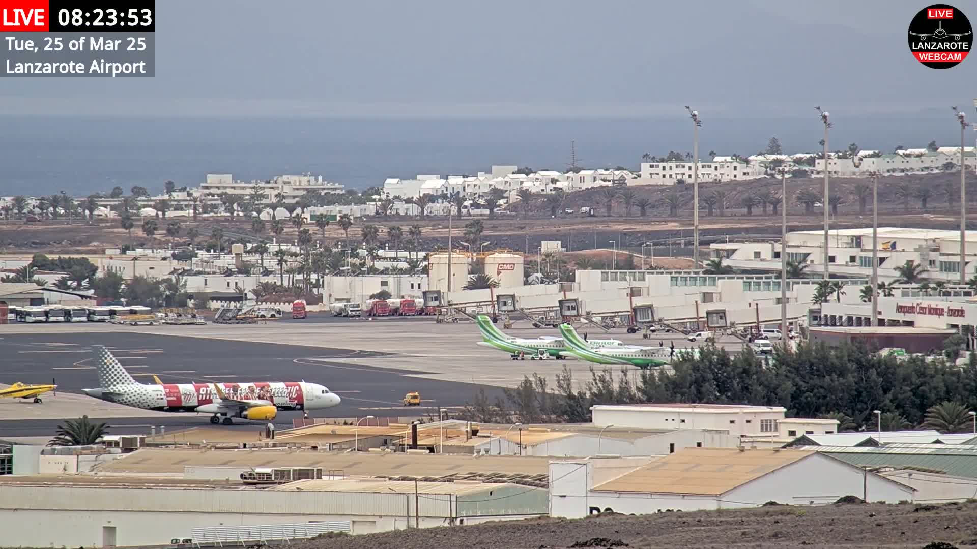 An airport tarmac with several airplanes, airport buildings, and a distant ocean under an overcast sky.