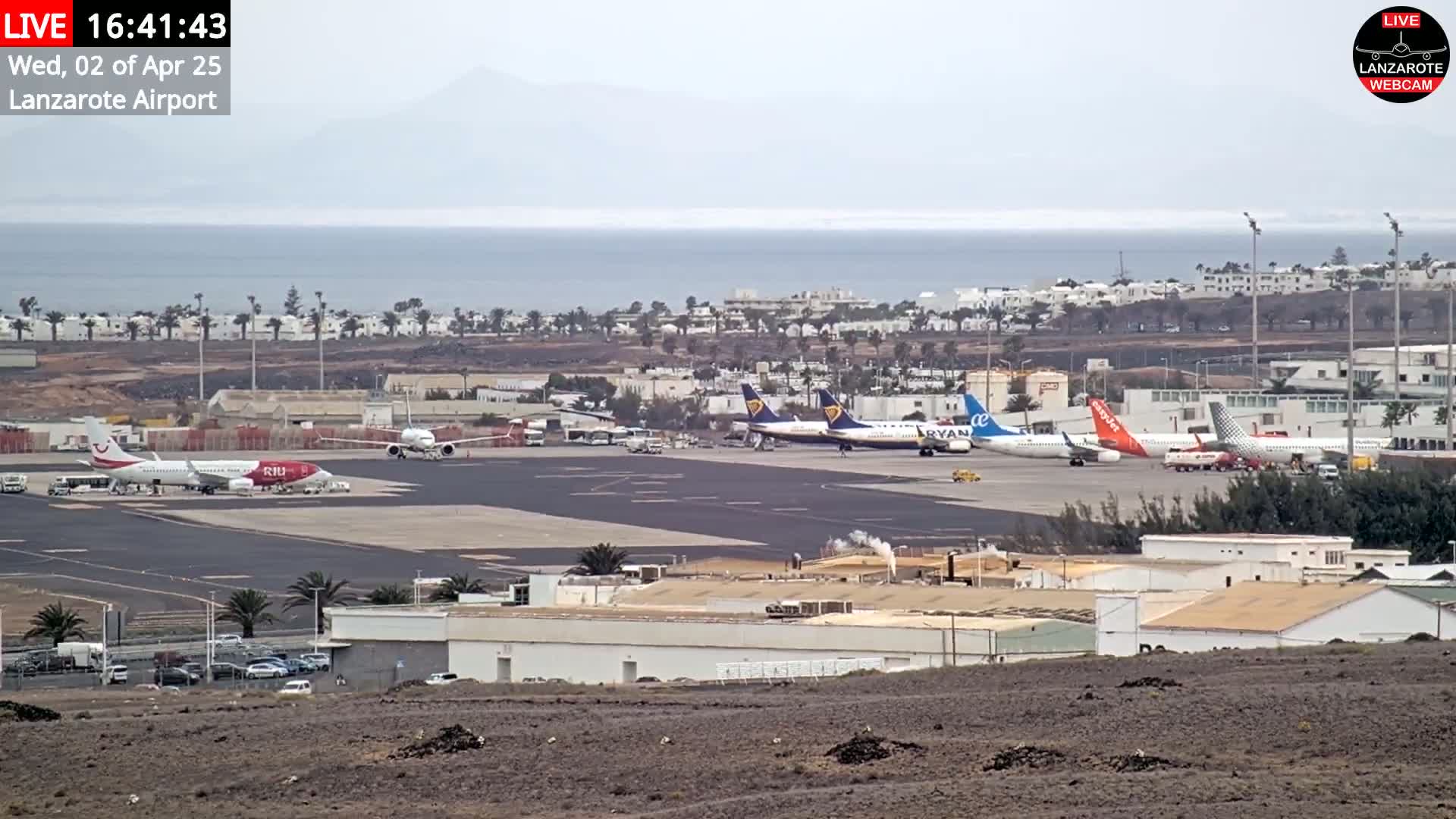 Several airplanes are parked on an airport tarmac next to airport buildings, under an overcast sky, with a calm ocean in the background.