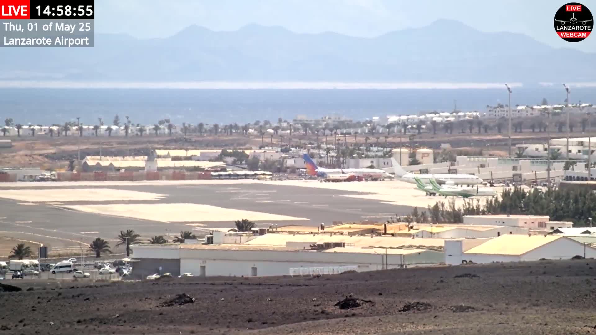 A sunny day at an airport shows several airplanes on the tarmac, surrounded by buildings and palm trees, with mountains and a body of water visible in the distance.