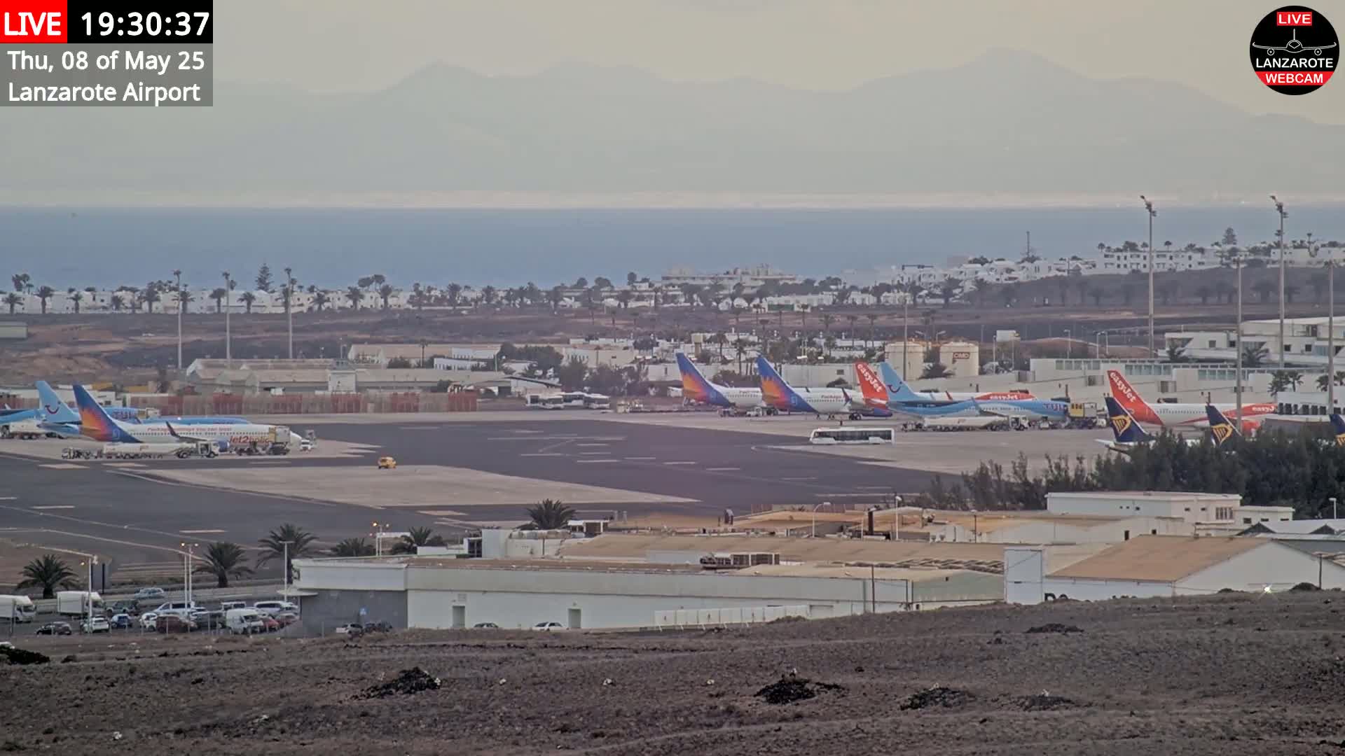 Several airplanes are parked on an airport tarmac near a body of water and distant mountains under hazy conditions.