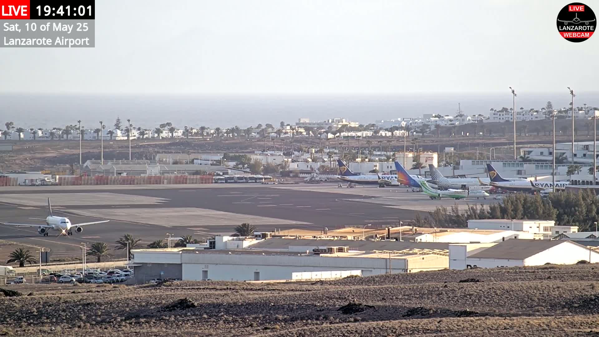 An airport tarmac with several airplanes parked, one taxiing, and a hazy, distant ocean under a mostly clear sky.