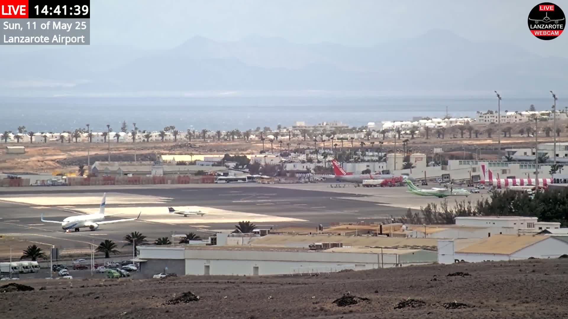 Several airplanes are on the tarmac of an airport near a coastline under a hazy sky.