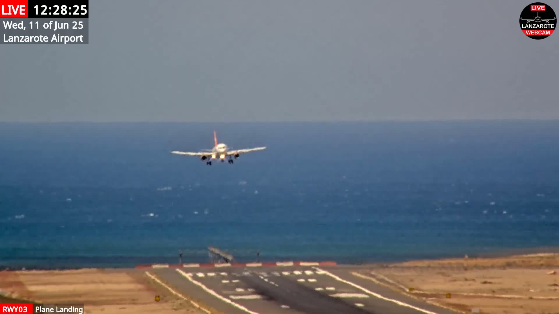 A passenger airplane is landing on a runway next to a calm ocean under a clear sky.