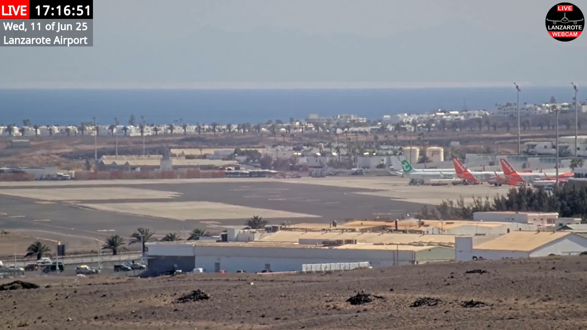 A sunny view of an airport tarmac with several airplanes parked, adjacent buildings, and the ocean in the background.