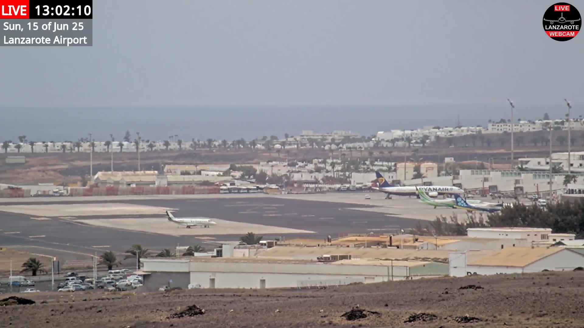 A hazy view of an airport tarmac with several airplanes, surrounded by buildings and palm trees, overlooks a calm ocean.