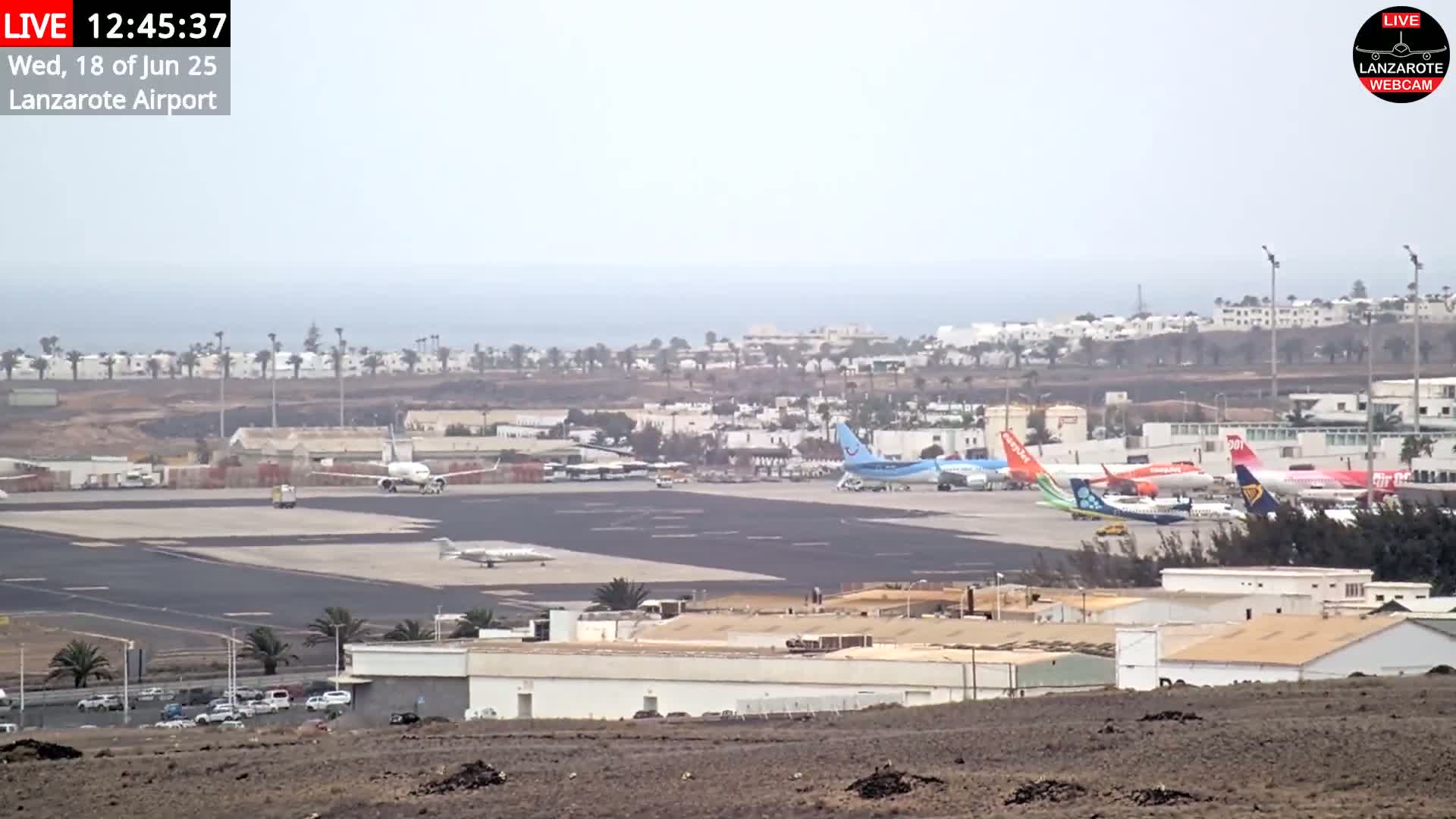 A hazy view of an airport tarmac with several airplanes, airport buildings, and a distant coastline under overcast skies.