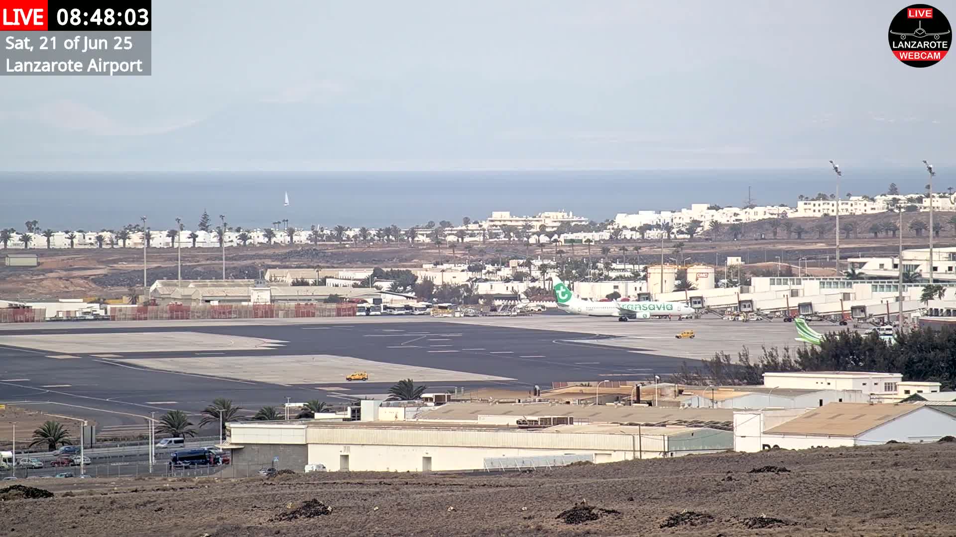 An airport tarmac with several airplanes and buildings is visible, with a calm ocean and distant white buildings in the background under an overcast sky.