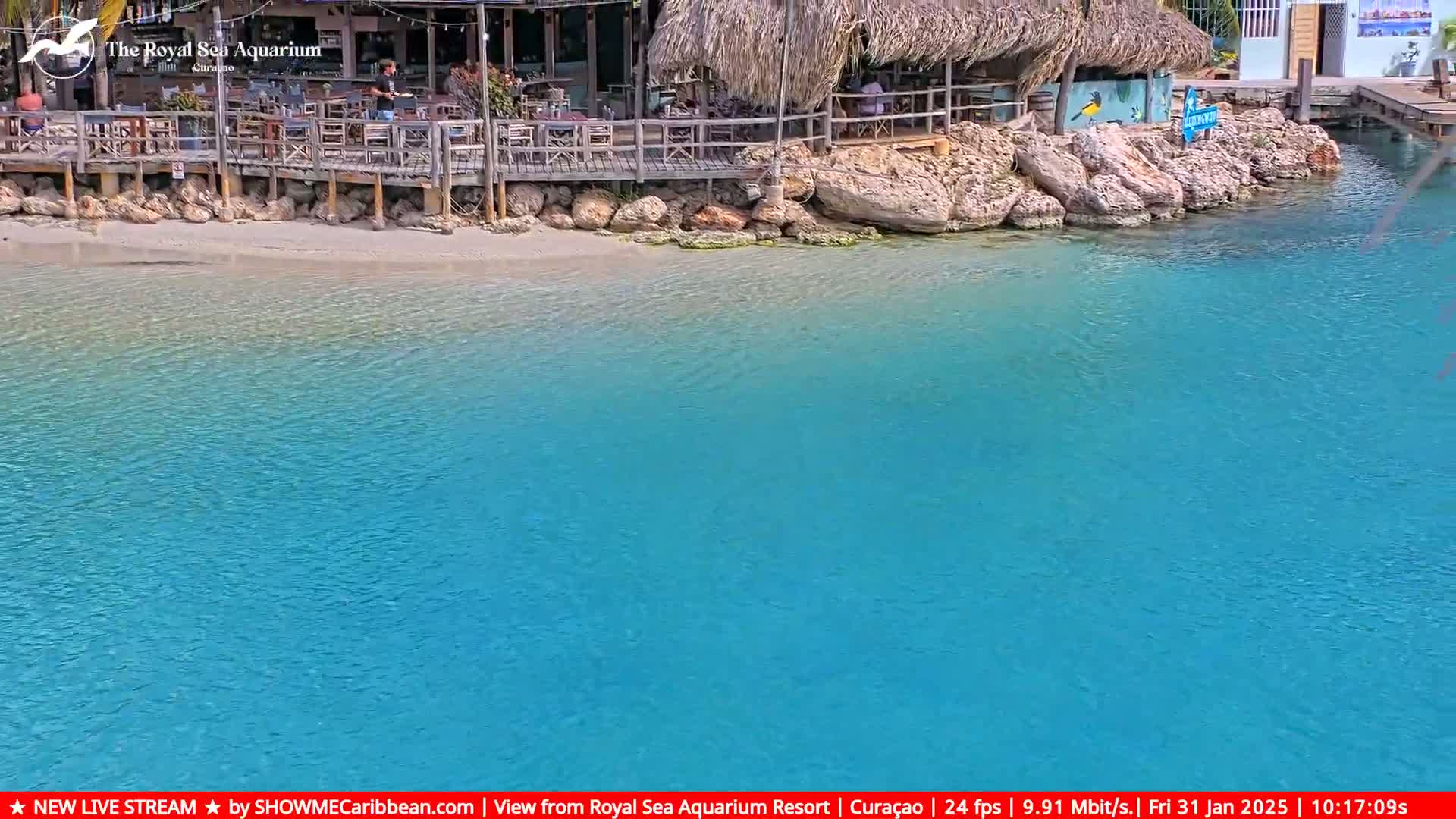 A beachfront restaurant with a thatched roof sits on a sandy shore next to clear, turquoise water.