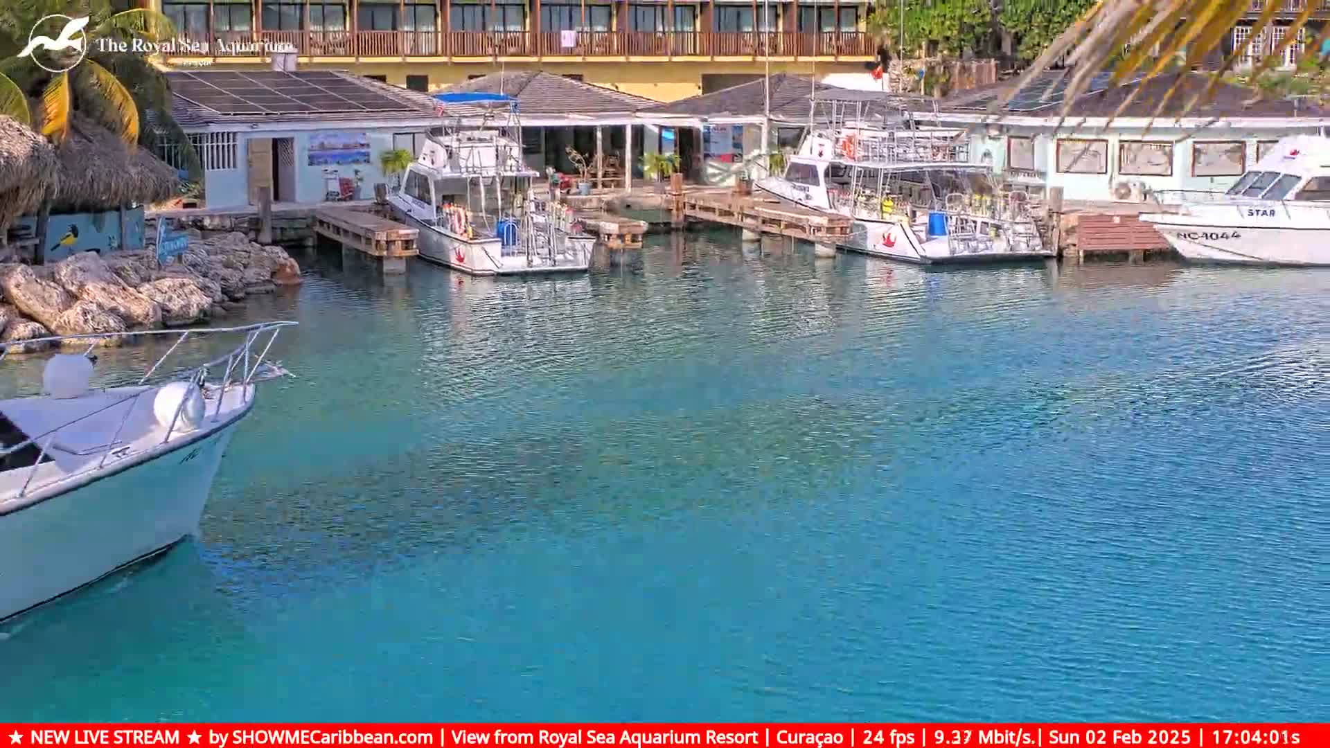 Several boats are docked at a marina with turquoise water on a sunny day.