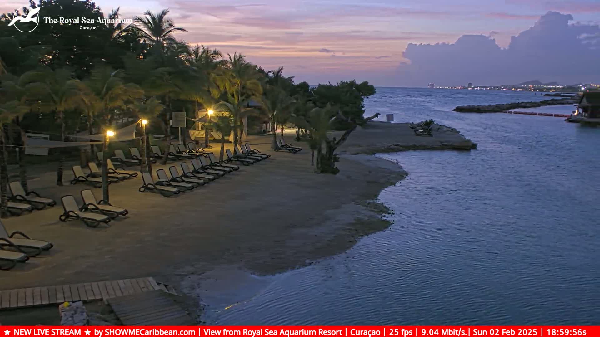 Empty lounge chairs sit on a sandy beach at dusk next to calm water under a partly cloudy sky.