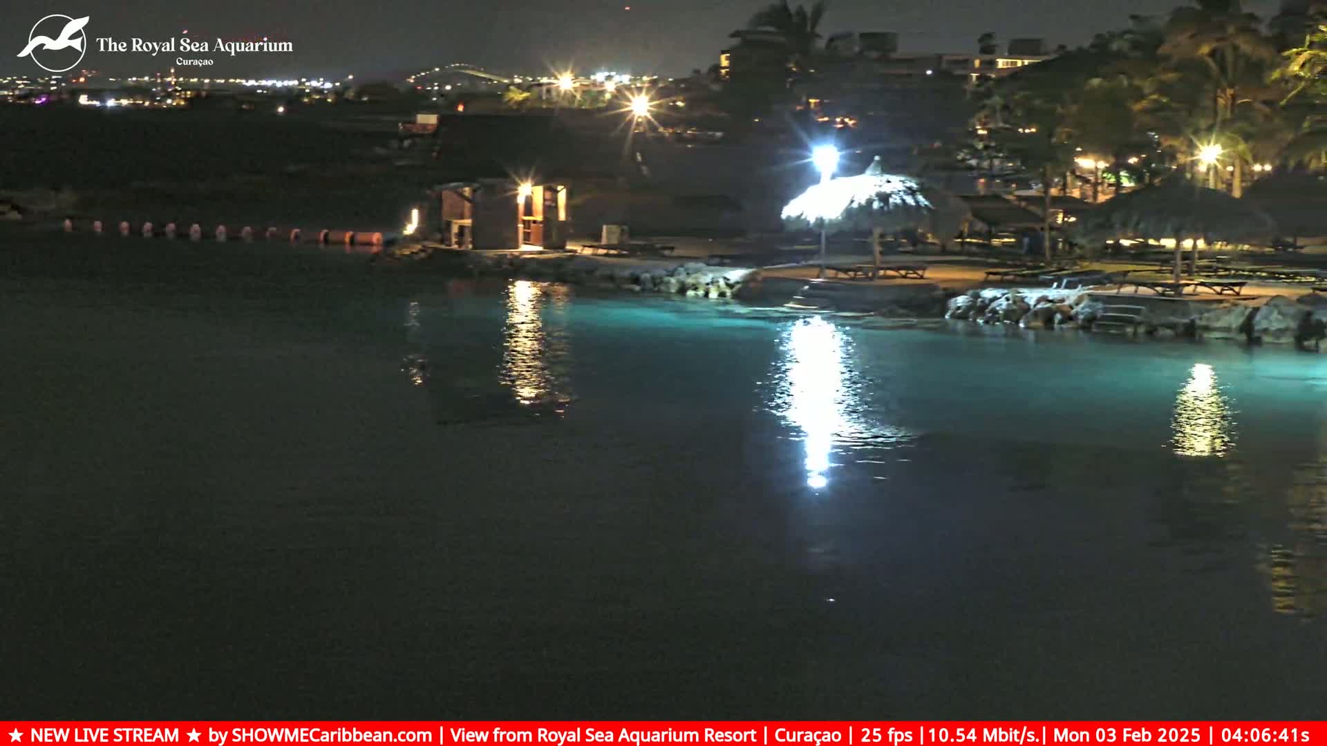 A nighttime view of a calm, illuminated body of water next to a beach with several thatch-roofed structures.