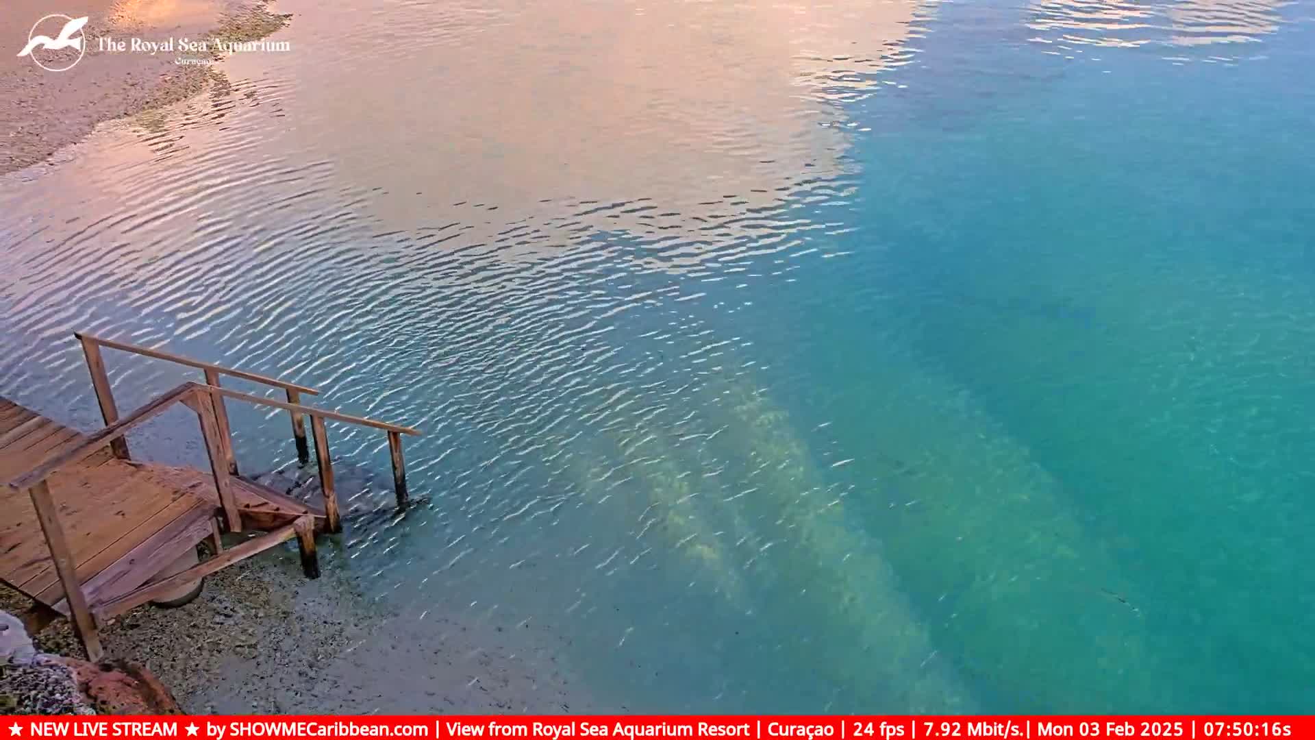 A wooden staircase descends into calm, clear turquoise water under a partly cloudy sky.