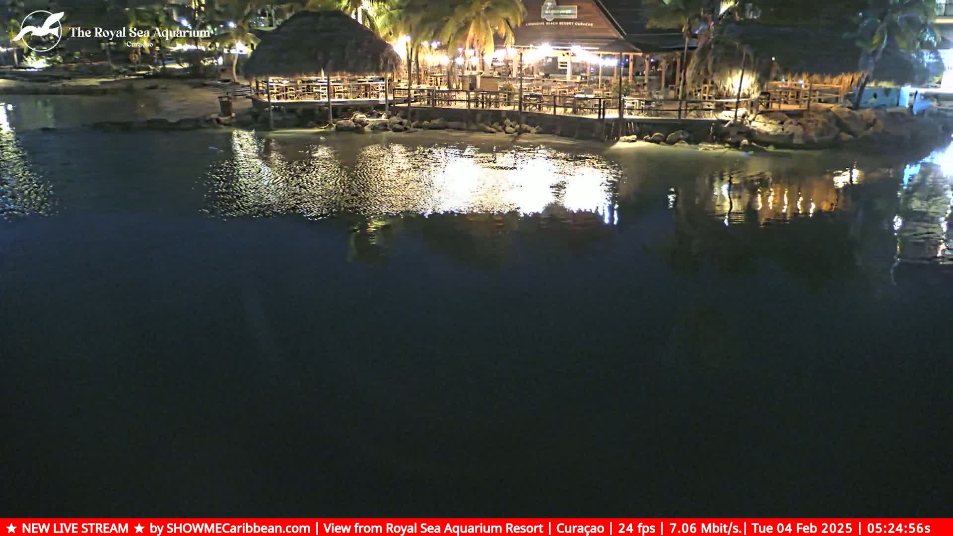 At night, a lit restaurant with a thatched roof sits on the edge of a calm, dark body of water, its lights reflecting on the surface.