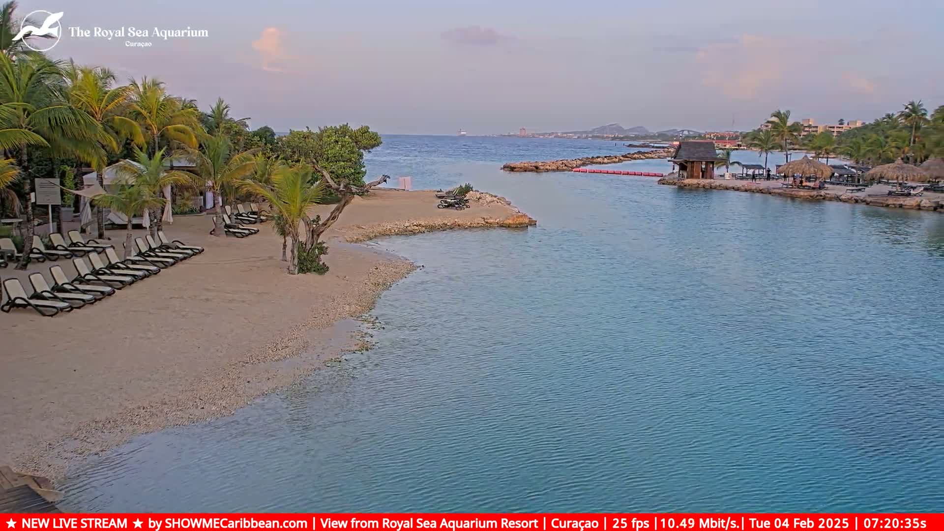 A sandy beach with lounge chairs is situated next to calm, turquoise water under a mostly clear, twilight sky.