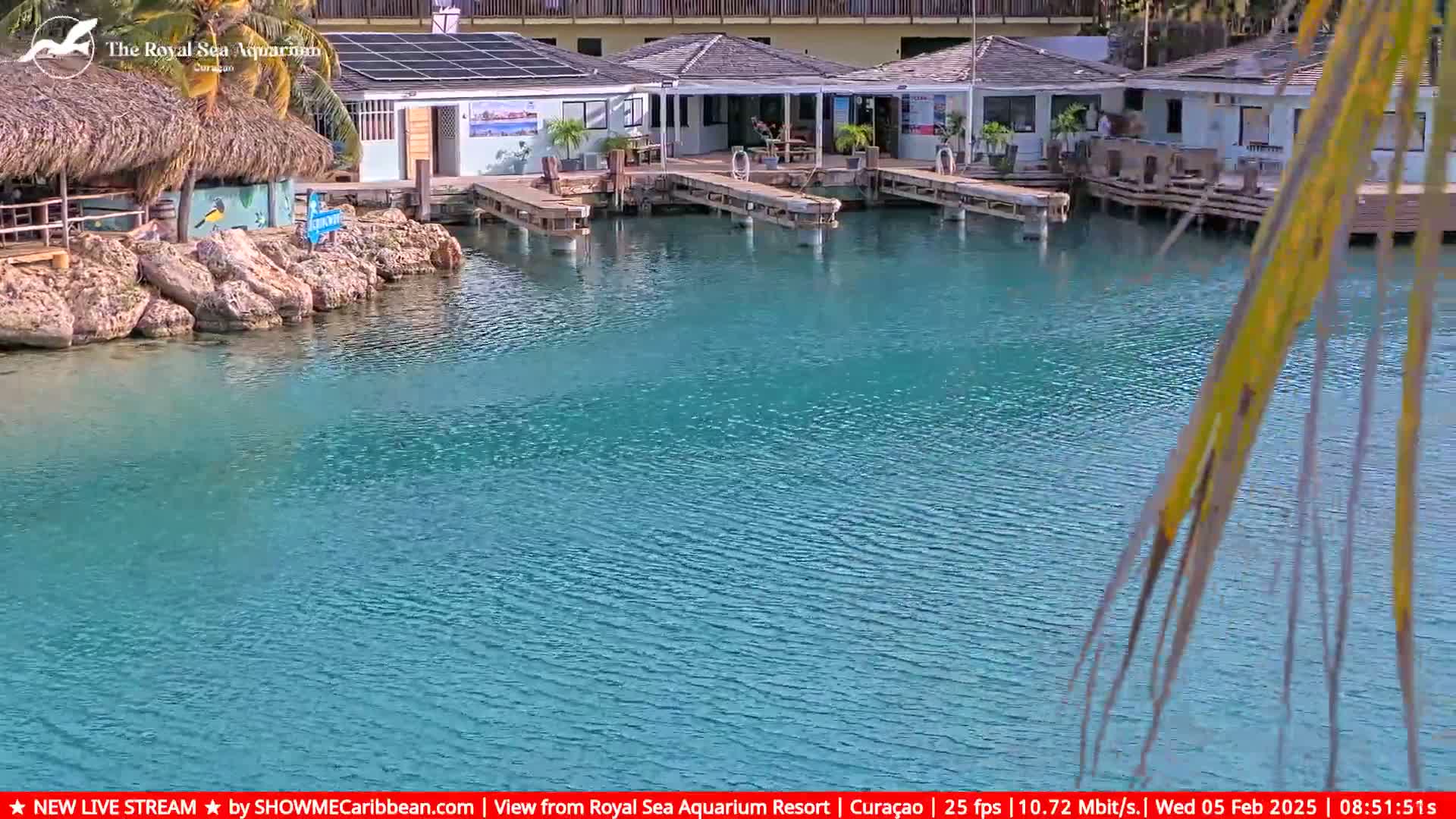 Calm, turquoise water laps against a shoreline with a thatched-roof structure and several light-colored buildings on small docks.