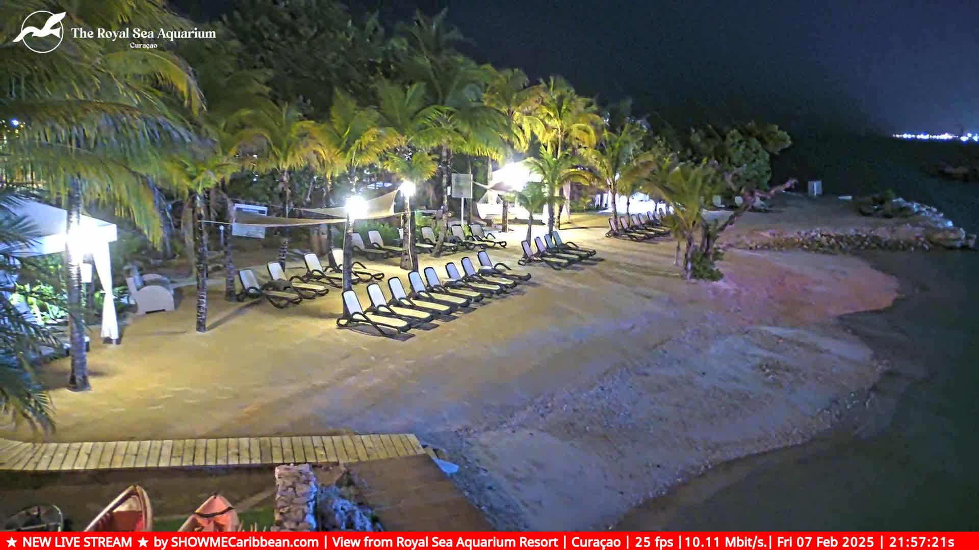 A sandy beach at night, lined with lounge chairs under palm trees and lit by lamps, next to calm water.