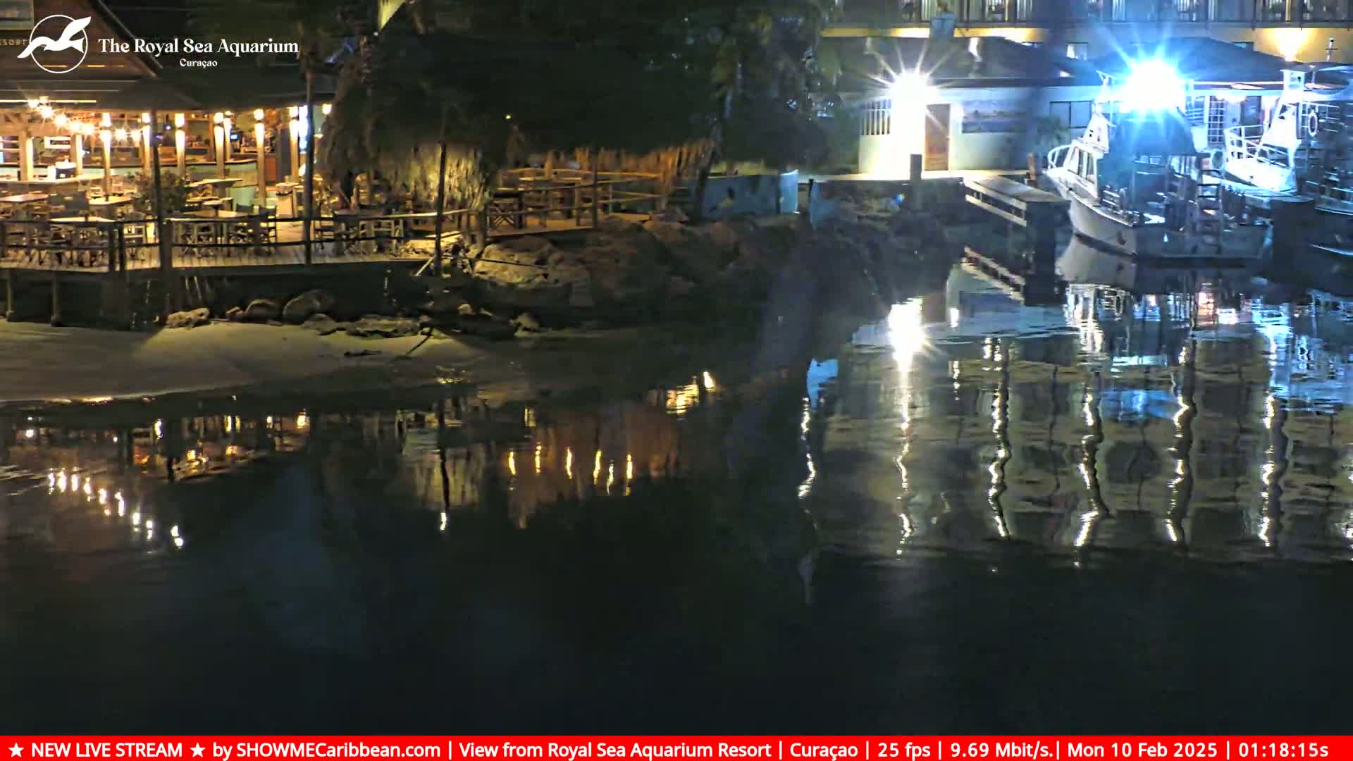 A nighttime waterfront scene shows an illuminated restaurant and docked boats reflected in calm water.