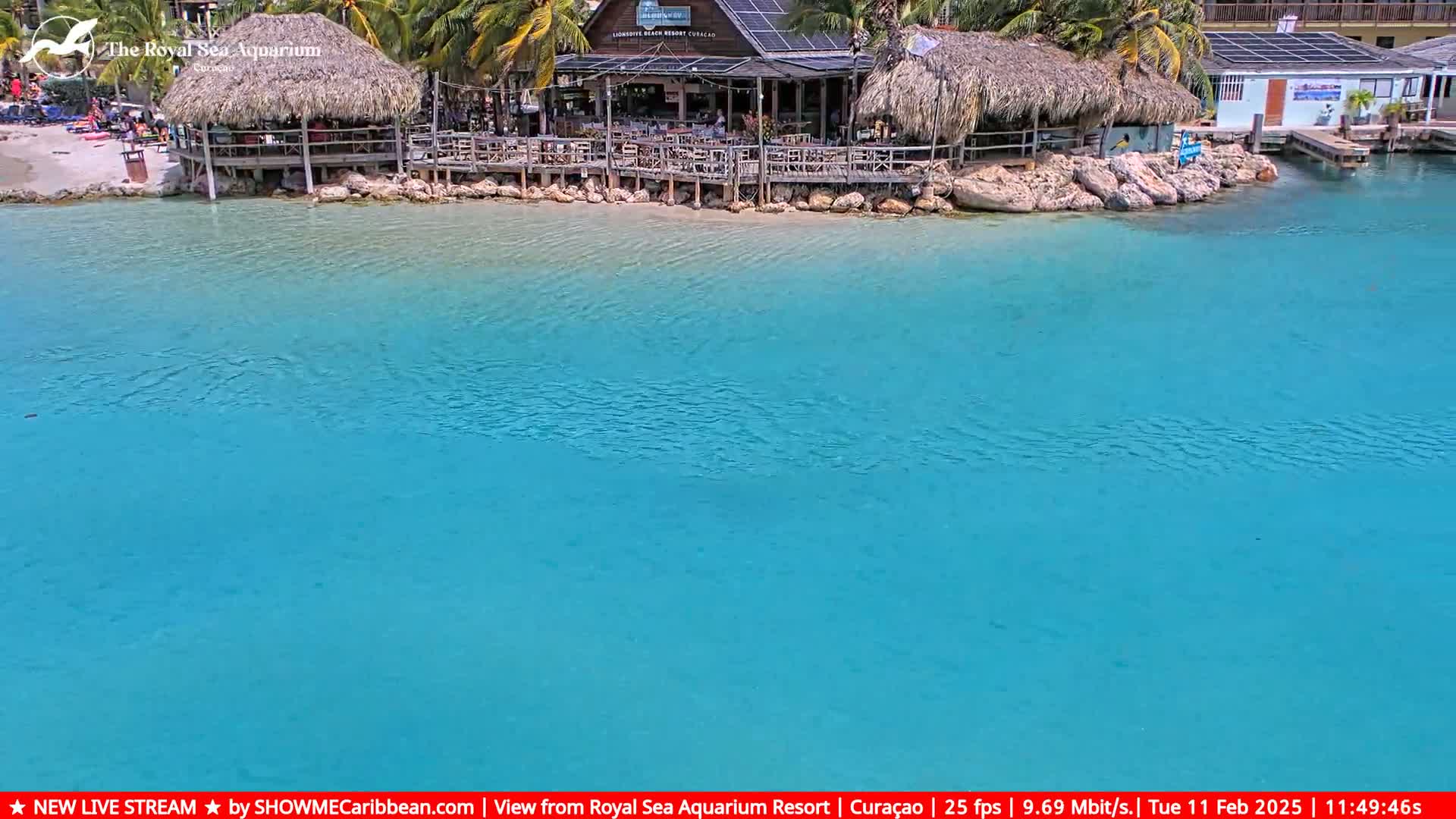 A beachside restaurant with thatched roofs sits on a calm, bright turquoise body of water under a sunny sky.